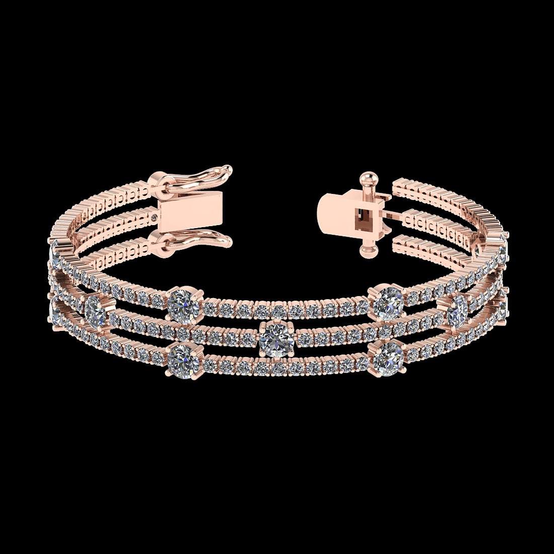 6.52 Ctw VS/SI1 Diamond Style 14K Rose Gold Bracelet (ALL DIAMOND ARE LAB G: Center Diamond Weight : 1.50 Ctw ( Round Cut) Center Color :-J-K Center Stone Clarity :- VS/SI1 Center Stone Setting : Prong Side Stone Weight Of Ctw 5.02 Ctw Side Stone Color : J-K Stone Clarity : VS