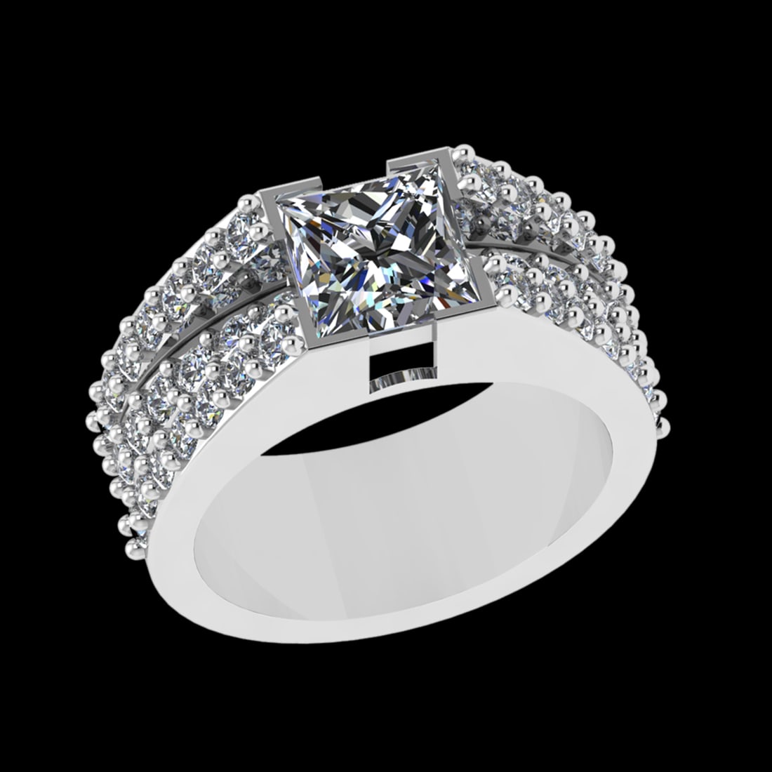 2.90 Ctw VS/SI1 Diamond Prong Set 18k white Gold Engagement Ring (ALL DIAMO: Center Daimond Weight :-1.50 Ctw (Princess Cut) Color : G-H Clarity : VS/SI1 Side Diamond Weight Of Ctw 1.40 Ctw Color : G-H Clarity : VS/SI1 Daimond Setting : Prong Metal Weight : Approx 5.33 gram 18