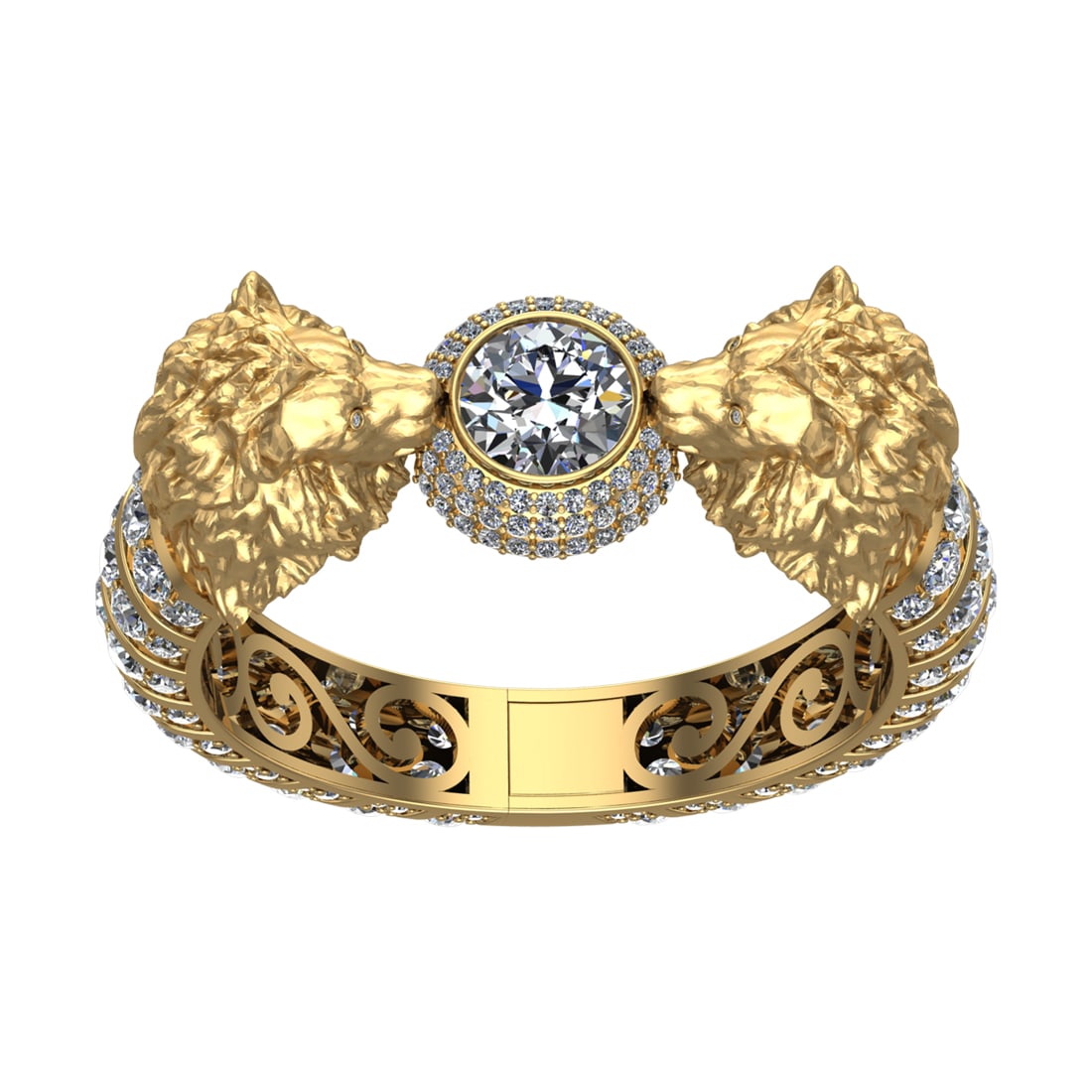 41.73 Ctw VS/SI1 Diamond 14k Yellow Gold Creature Theme lion Bracelet Bangl: Center Daimond Weight :-3.20 Ctw ( Round Cut) Color : G-H Clarity : VS/SI1 Side Diamond Weight Of Ctw 38.53 Ctw Color : G-H Clarity : VS/SI1 Daimond Setting : Prong Metal Weight : Approx 12.97 gram 14