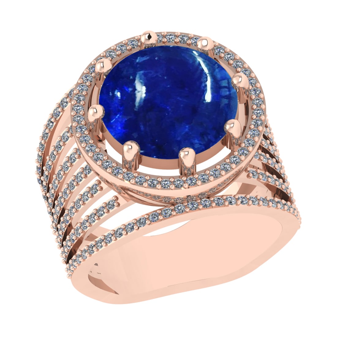 9.43 Ctw SI1/SI2 Tanzanite and Diamond 14k Rose Gold Engagement Ring ( (ALL: Center Stone Weight :-8.50 Ctw ( Round Cab) Center Stone Color :-Tanzanite Center Stone Setting : Prong Side Diamond Weight Of Ctw 0.93 Ctw Color : J-K Clarity : SI1/SI2 Stone Setting : Prong Metal We