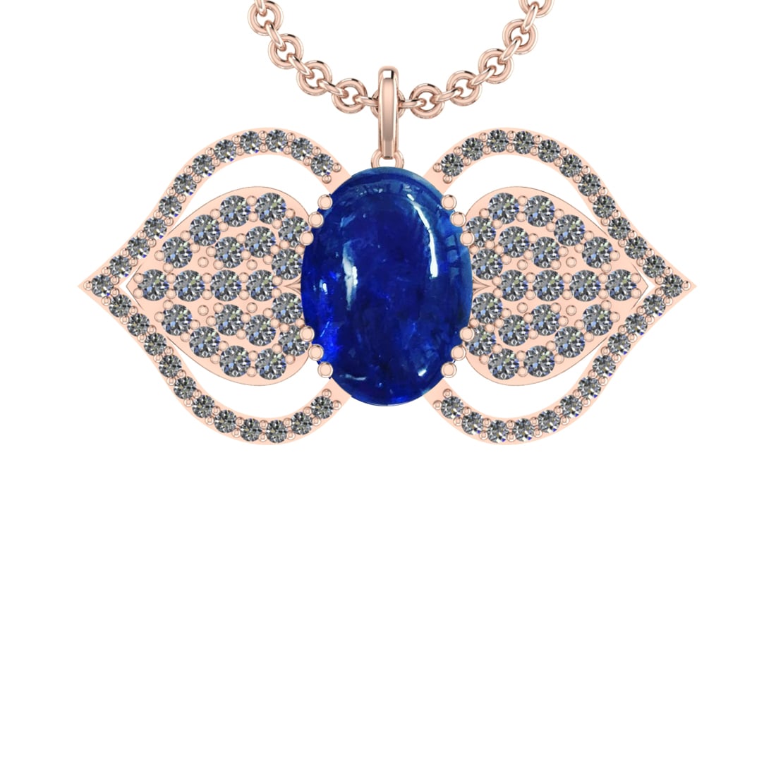30.00 Ctw VS/SI1 Tanzanite and Diamond 14K Rose Gold Pendant: Center Stone Weight : 23.98 Ctw ( Oval Cab) Center Stone Color :-Tanzanite Setting : Prong Side Weight Of Ctw 6.02 Ctw Color : J-K Clarity :VS/SI1 Stone Setting : Prong Metal Weight : Approx 15.90 gra