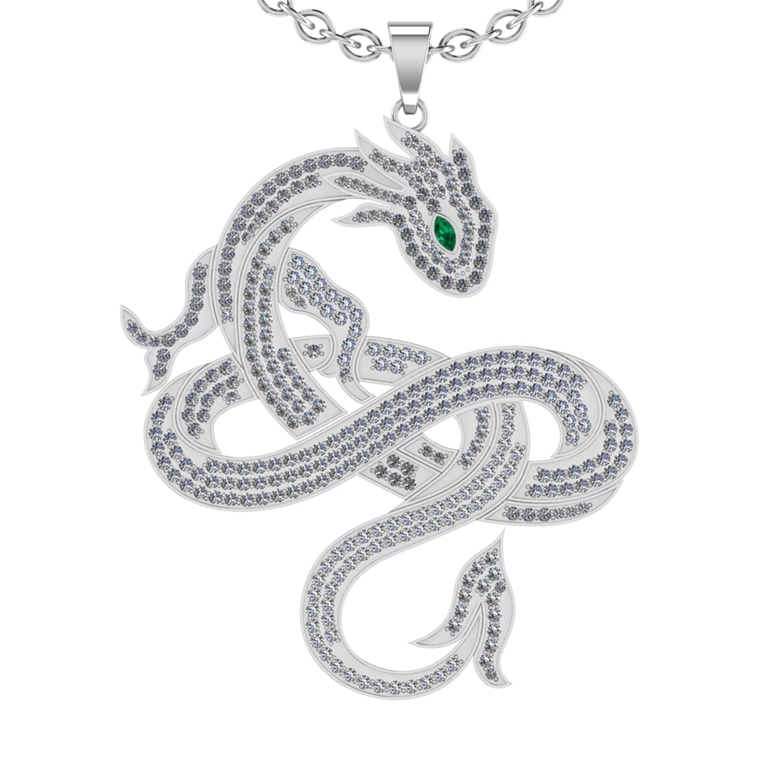 4.72 CtwVS/SI1 Emerald and Diamond 14K White Gold Dragon Necklace (ALL DIAM: Eye stone weight :-0.10 ctw ( Marquise cut) Eye Stone Color :-Emerald Setting :- Prong Total Diamond Weight : 4.62 Ctw (Round cut) Center Diamond Color :- J-K Center Clarity :VS/SI1 Stone Setting : Pr