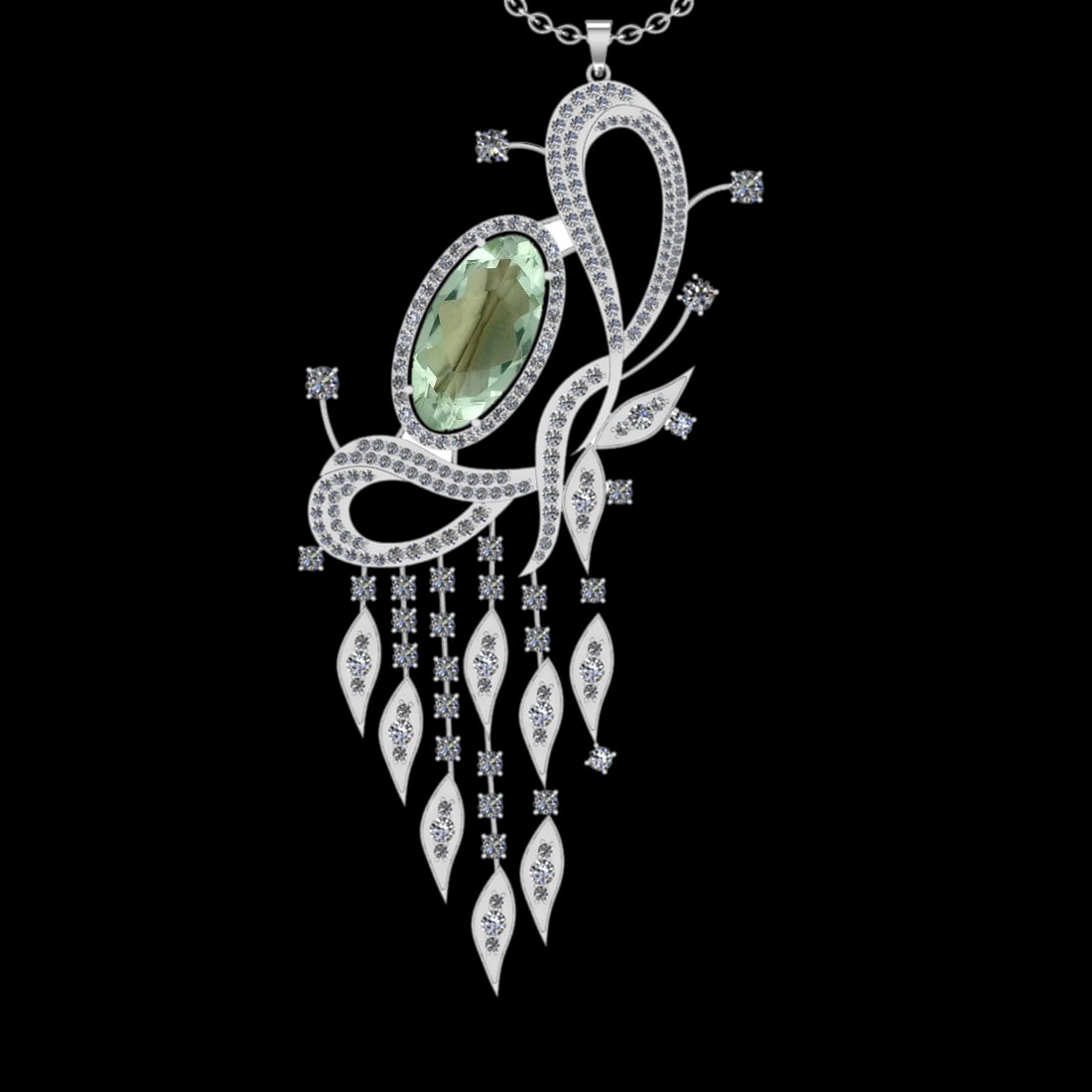 22.71 Ctw VS/SI1 Green Amethyst And Diamond 14K White Gold Necklace( ALL DI: Center Stone Weight : 15.22 Ctw ( Oval Cut ) Center Stone Color : Green Amethyst Stone Setting : Prong Side Diamond Weight Of Ctw 7.49 Ctw Side Stone Color : J-K Stone Clarity : VS/SI1 Stone Setting :