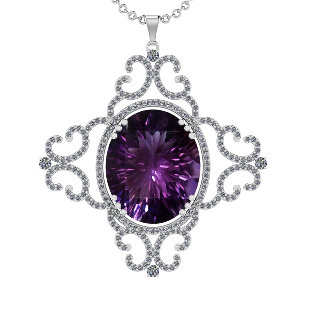 51.34 Ctw VS/SI1 Amethyst and Diamond 14K White Gold Pendant (ALL DIAMOND A: Color Stone Weight : 47.52 Ctw ( Oval Cut) Stone Color :- Amethyst Center Stone Setting : Prong Side Weight Of Ctw 3.82 Ctw Color : J-K Clarity : VS/SI1 Stone Setting : Prong Metal Weight : Approx 12.