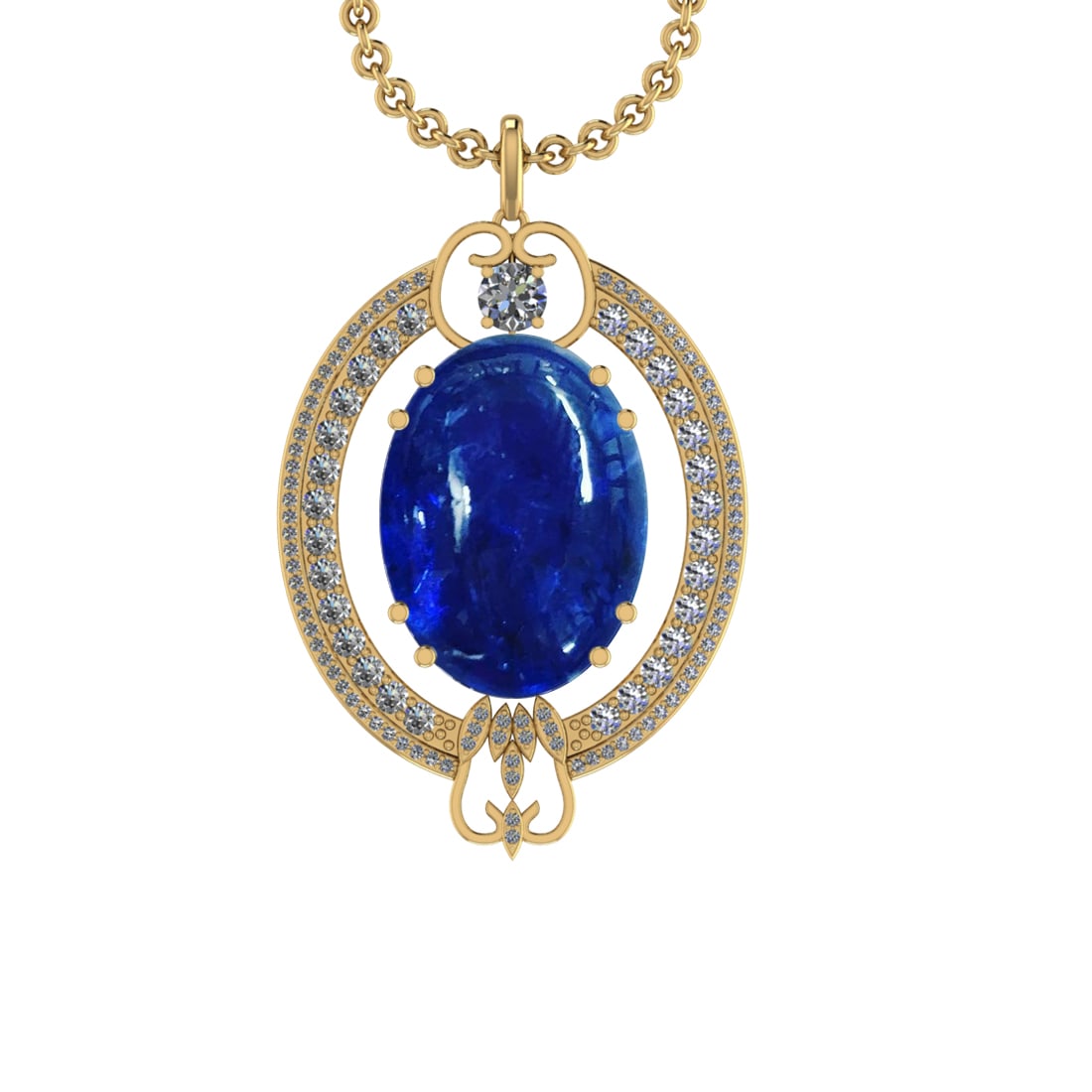 45.78 Ctw VS/SI1 Tanzanite and Diamond 14K Yellow Gold Pendant: Center Stone Weight : 42.84 Ctw ( Oval Cab) Center Stone Color :-Tanzanite Setting : Prong Side Weight Of Ctw 2.94 Ctw Color : J-K Clarity :VS/SI1 Stone Setting : Prong Metal Weight : Approx 14.90 gra