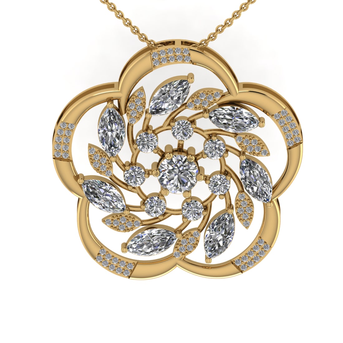 4.15 Ctw VS/SI1 Diamond 14K Yellow Gold Necklace (ALL DIAMOND ARE LAB GROWN: Center Diamond Weight :- 3.69 Ctw (Round & Marquise cut) Color :- J-K Clarity : VS/SI1 Center Stone Setting : Prong Side Diamond Weight Of Ctw 0.46 Ctw Color : J-K Clarity : VS/SI1 Stone Setting : Pro