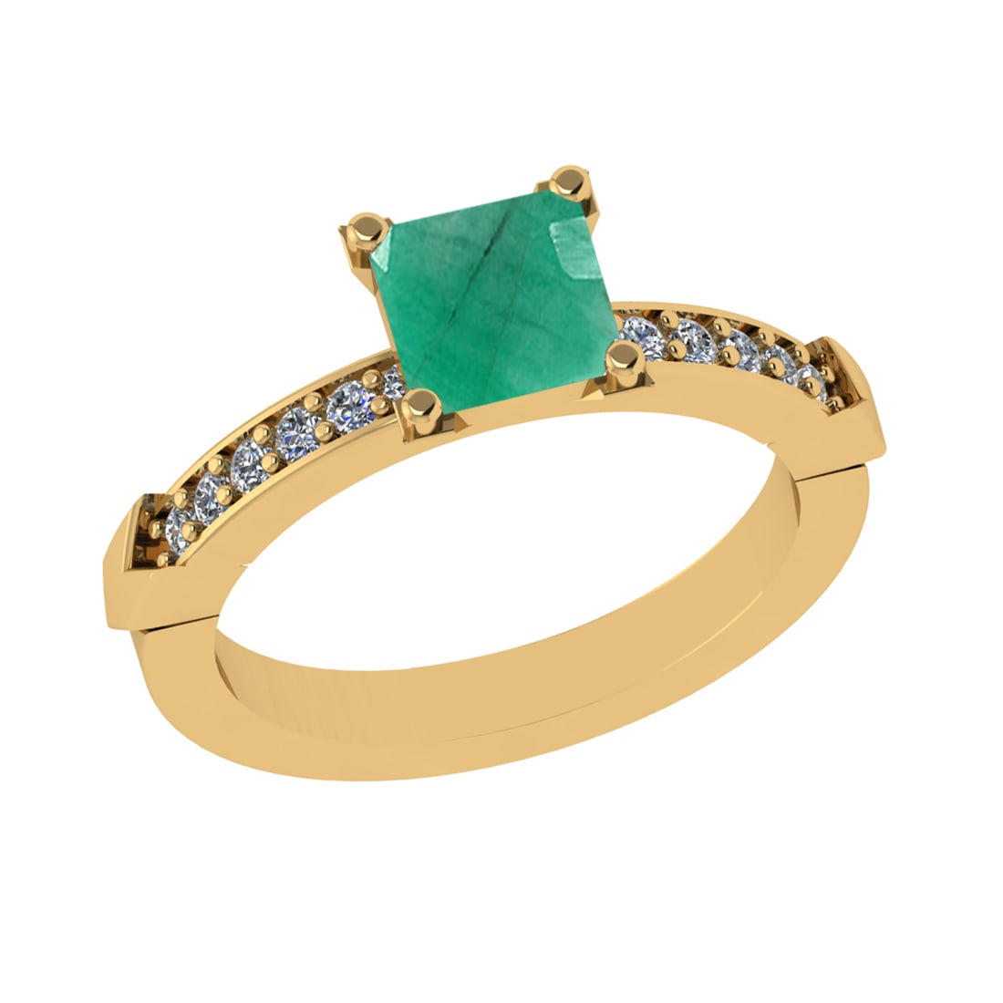 1.46 Ctw VS/SI1 Emerald and Diamond 14k Yellow Gold Engagement Ring: Center Stone Weight :-1.25 Ctw ( Princess Cut) Center Stone Color :-Emerald Center Stone Setting : Prong Side Diamond Weight Of Ctw :- 0.21 Ctw Color : J-K Clarity : VS/SI1 Daimond Setting : Prong Met