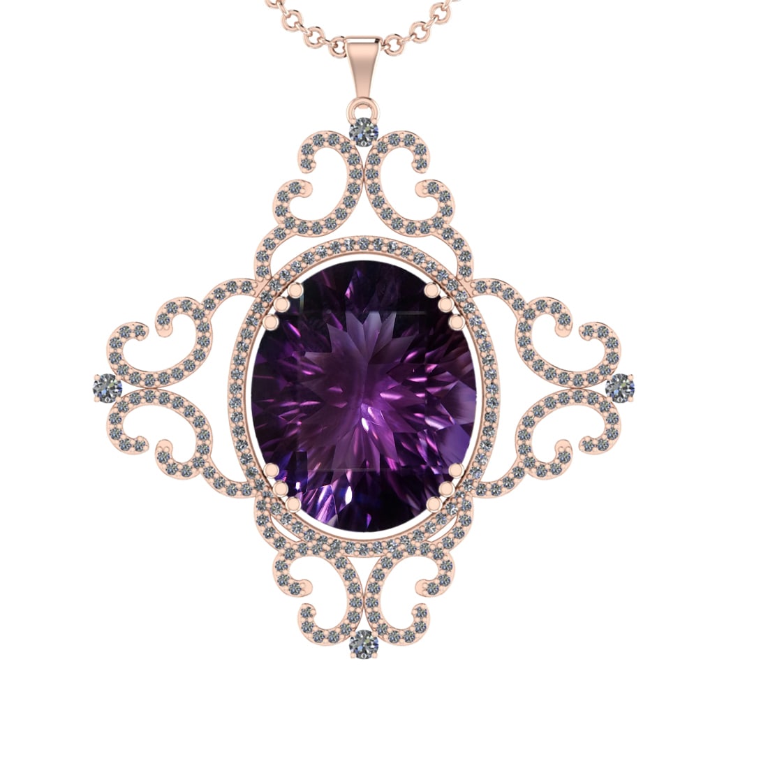 51.34 Ctw VS/SI1 Amethyst and Diamond 14K Rose Gold Pendant (ALL DIAMOND AR: Color Stone Weight : 47.52 Ctw ( Oval Cut) Stone Color :- Amethyst Center Stone Setting : Prong Side Weight Of Ctw 3.82 Ctw Color : J-K Clarity : VS/SI1 Stone Setting : Prong Metal Weight : Approx 12.