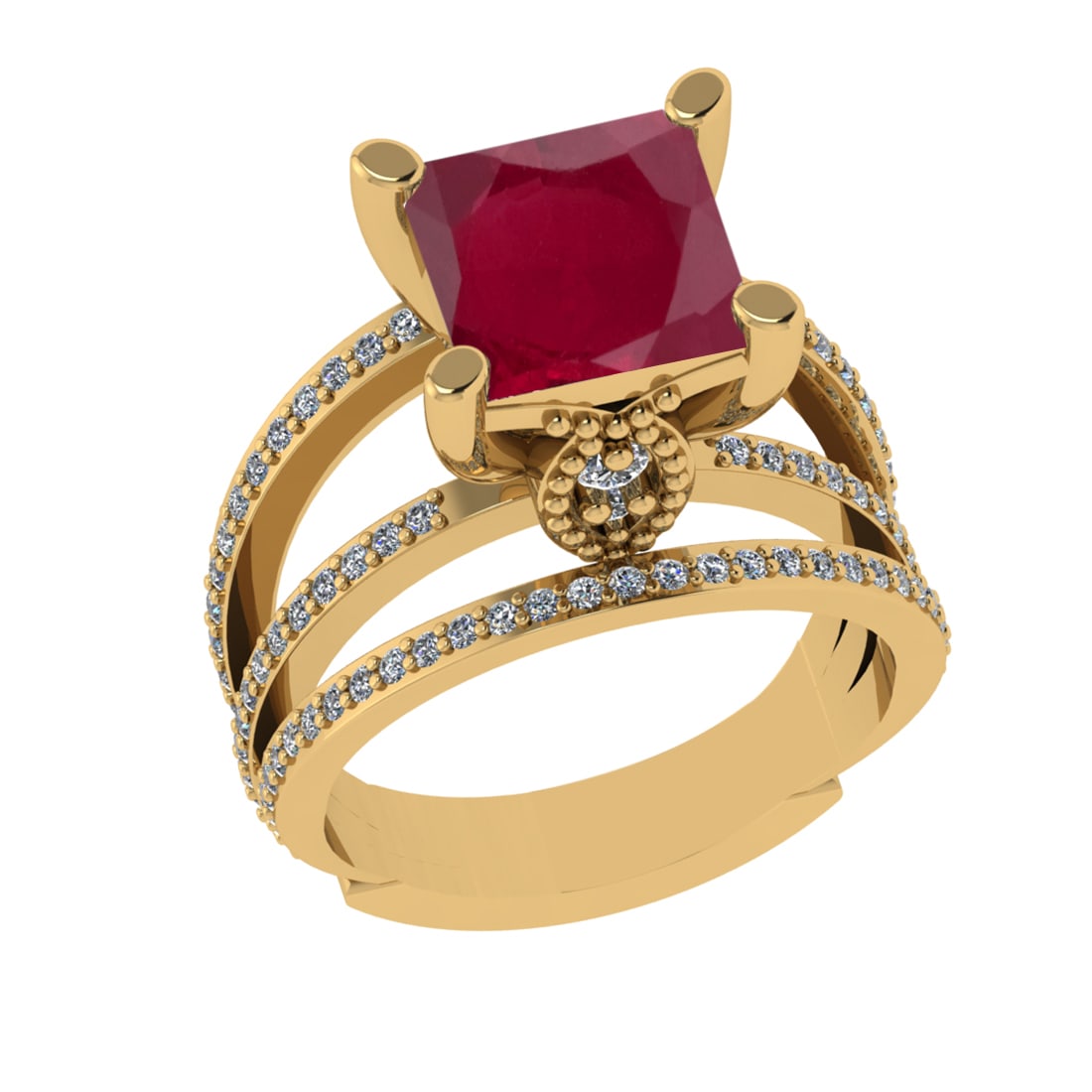 2.70 Ctw VS/SI1 Ruby And Diamond 14k Yellow Gold Engagement Ring (ALL DIAMO: Center Stone Weight : 2.00 Ctw ( Cushion Cut ) Center Stone Color : Ruby Stone Setting : Prong Side Diamond Weight Of Ctw 0.70 Ctw Side Stone Color : G-H Stone Clarity : VS/SI1 Stone Setting : Prong M