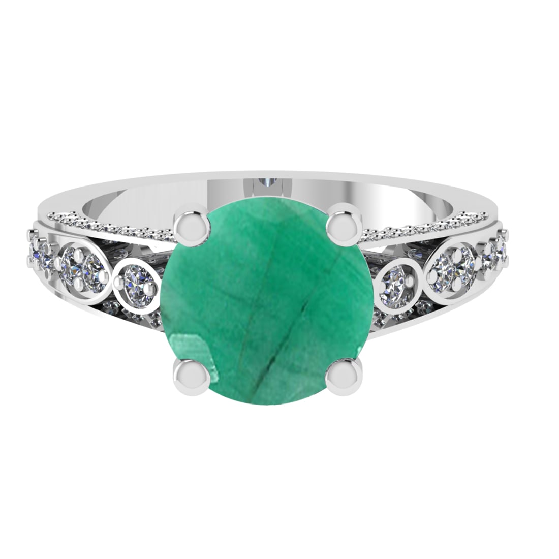 3.32 Ctw VS/SI1 Emerald and Diamond 14k white Gold Engagement Ring (ALL DIA: Center Stone Weight :-2.75 Ctw ( Round Cut) Center Stone Color :-Emerald Center Stone Setting : Prong Side Diamond Weight Of Ctw 0.58 Ctw Color : G-H Clarity : VS/SI1 Daimond Setting : Prong Metal Wei