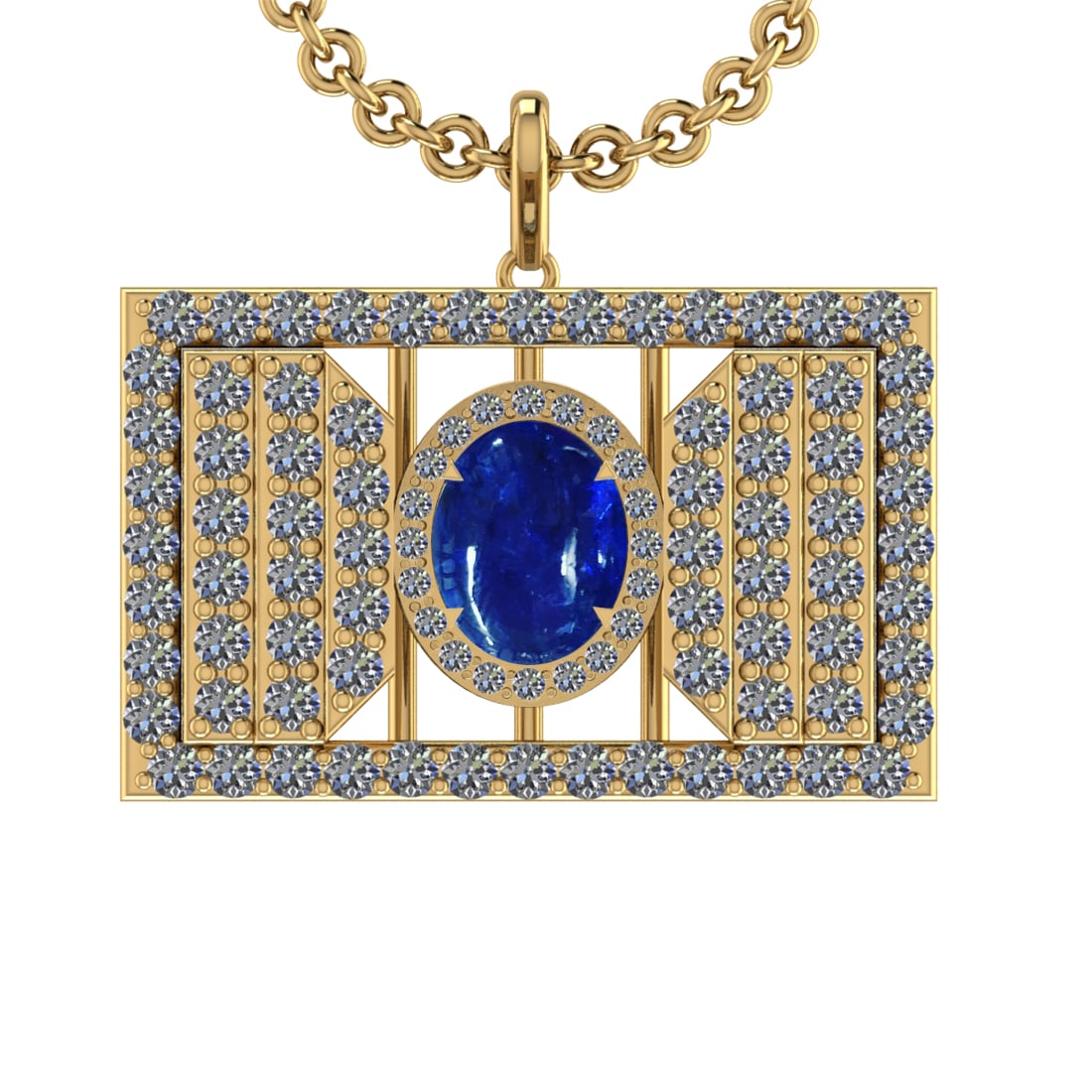 42.90 Ctw VS/SI1 Tanzanite and Diamond 14K Yellow Gold Pendant: Center Stone Weight : 21.95 Ctw ( Oval Cab) Center Stone Color :-Tanzanite Setting : Prong Side Weight Of Ctw 20.50 Ctw Color : J-K Clarity :VS/SI1 Stone Setting : Prong Metal Weight : Approx 15.80 gr