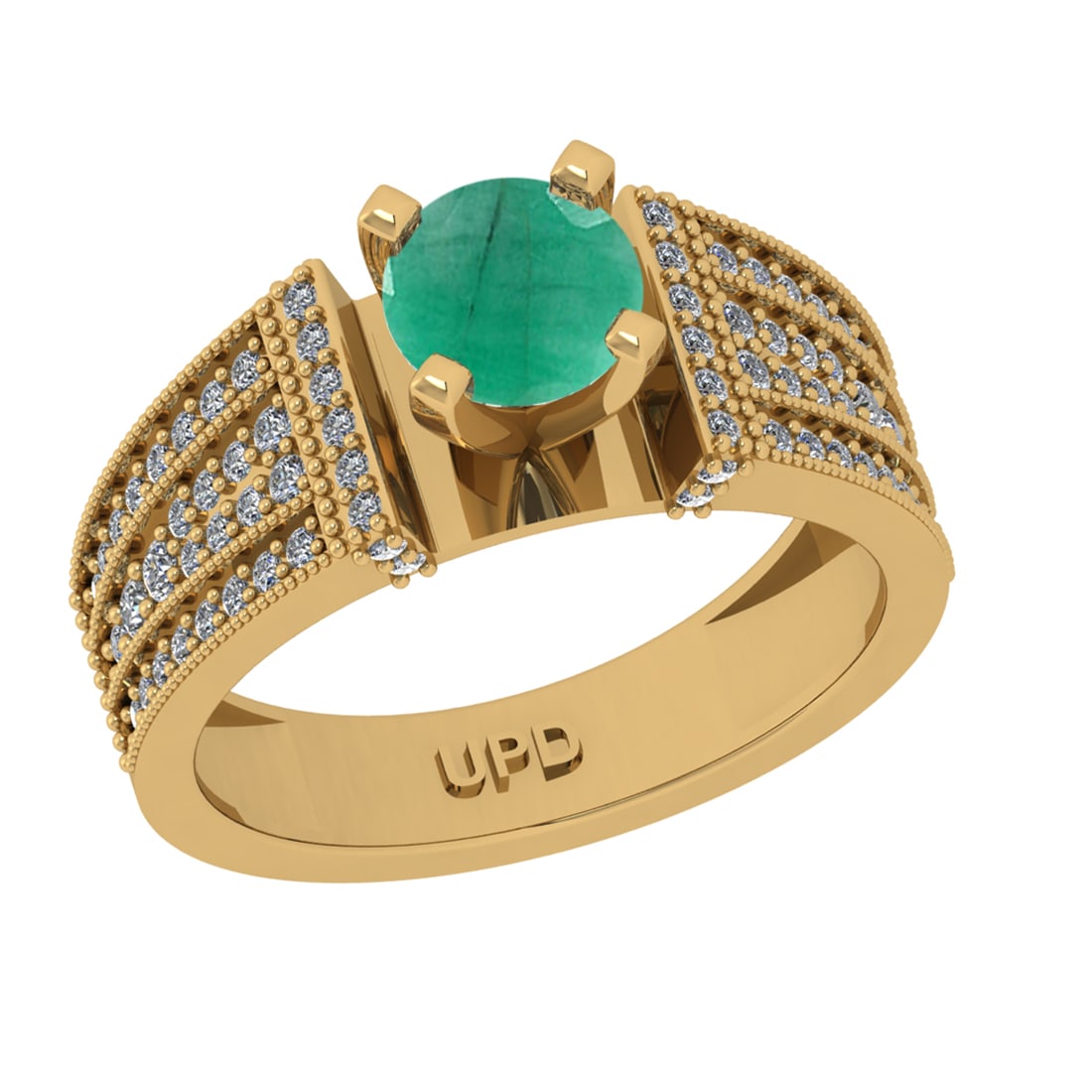 1.26 Ctw VS/SI1 Emerald and Diamond 14k Yellow Gold Engagement Ring (ALL DI: Center Stone Weight :-0.84 Ctw ( Round Cut) Center Stone Color :-Emerald Center Stone Setting : Prong Side Diamond Weight Of Ctw :- 0.42 Ctw Color : J-K Clarity : VS/SI1 Daimond Setting : Prong Metal 