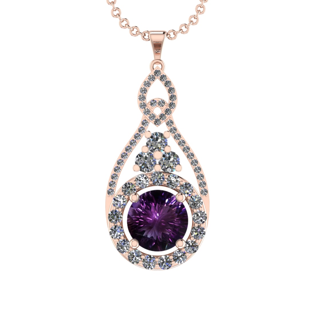 27.11 Ctw VS/SI1 Amethyst and Diamond 14K Rose Gold Pendant (ALL DIAMOND AR: Color Stone Weight : 24.29 Ctw ( Round Cut) Stone Color :- Amethyst Center Stone Setting : Prong Side Weight Of Ctw 2.82 Ctw Color : J-K Clarity : VS/SI1 Stone Setting : Prong Metal Weight : Approx 14