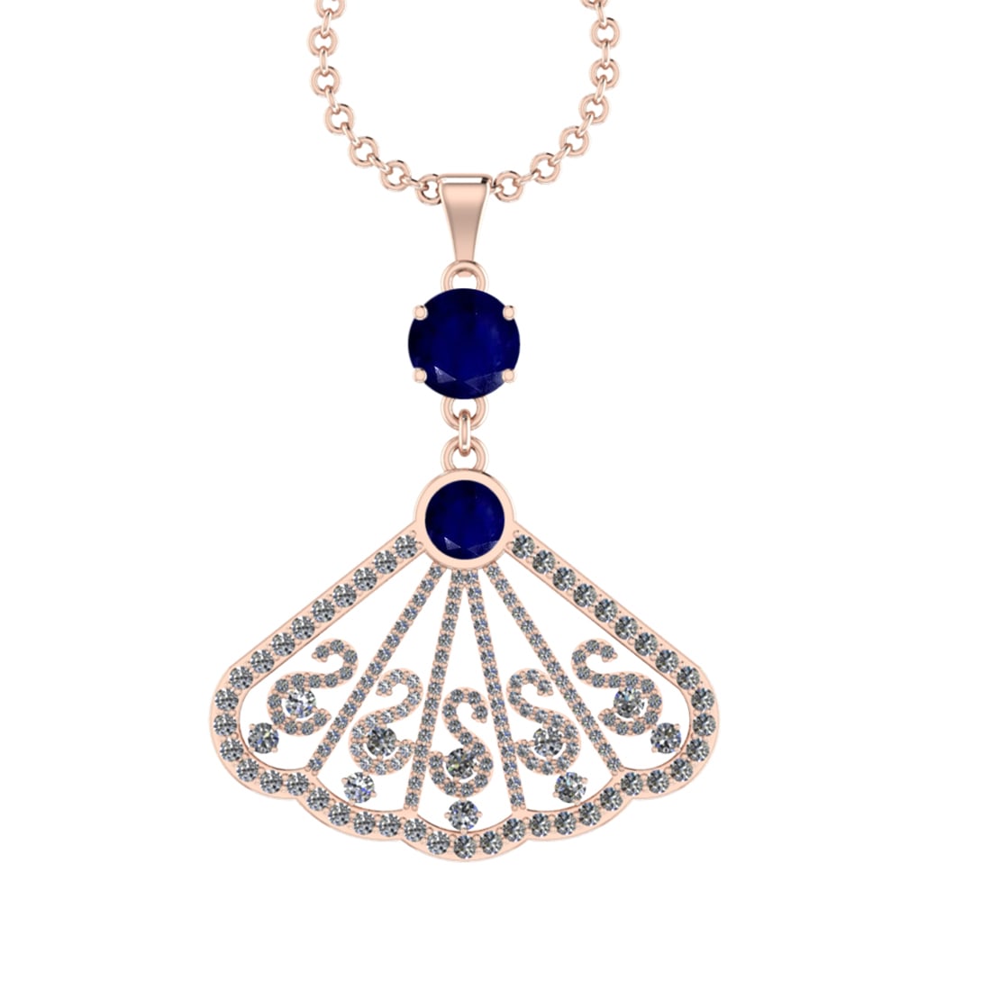 3.33 Ctw VS/SI1 Blue Sapphire and Diamond14K Rose Gold Necklace (ALL DIAMON: Center Stone Weight : 1.75 Ctw (2pec Round Cut) Center Stone Color :-Blue Sapphire Center Stone Setting : Prong Side Diamond Weight Of Ctw 1.58 Ctw Color : J-K Clarity : VS/SI1 Stone Setting : Prong