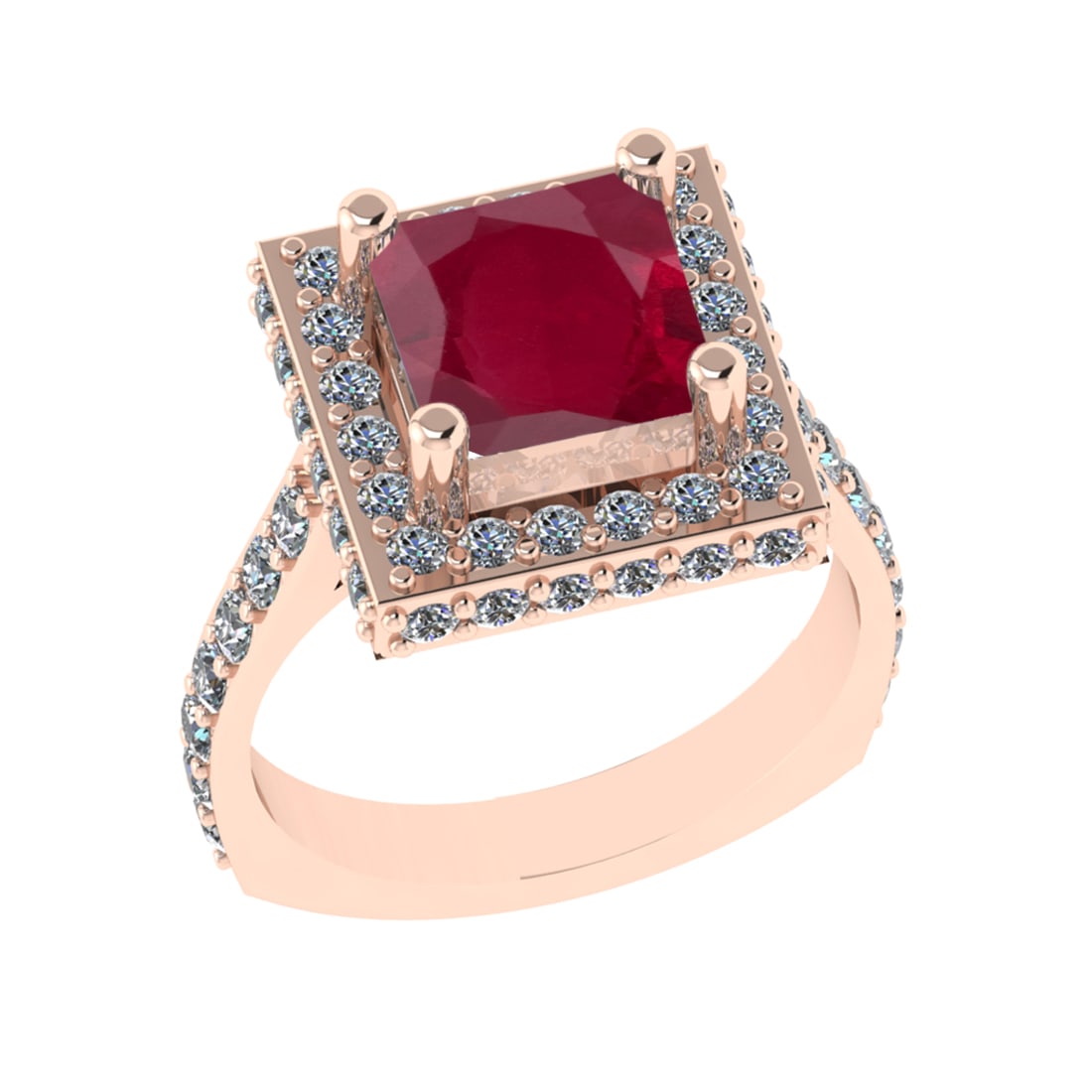 3.21 Ctw VS/SI1 Ruby And Diamond 14k Rose Gold Engagement Ring (ALL DIAMOND: Center Stone Weight : 1.80 Ctw ( Cushion Cut ) Center Stone Color : Ruby Stone Setting : Prong Side Diamond Weight Of Ctw 1.41 Ctw Side Stone Color : G-H Stone Clarity : VS/SI1 Stone Setting : Prong M