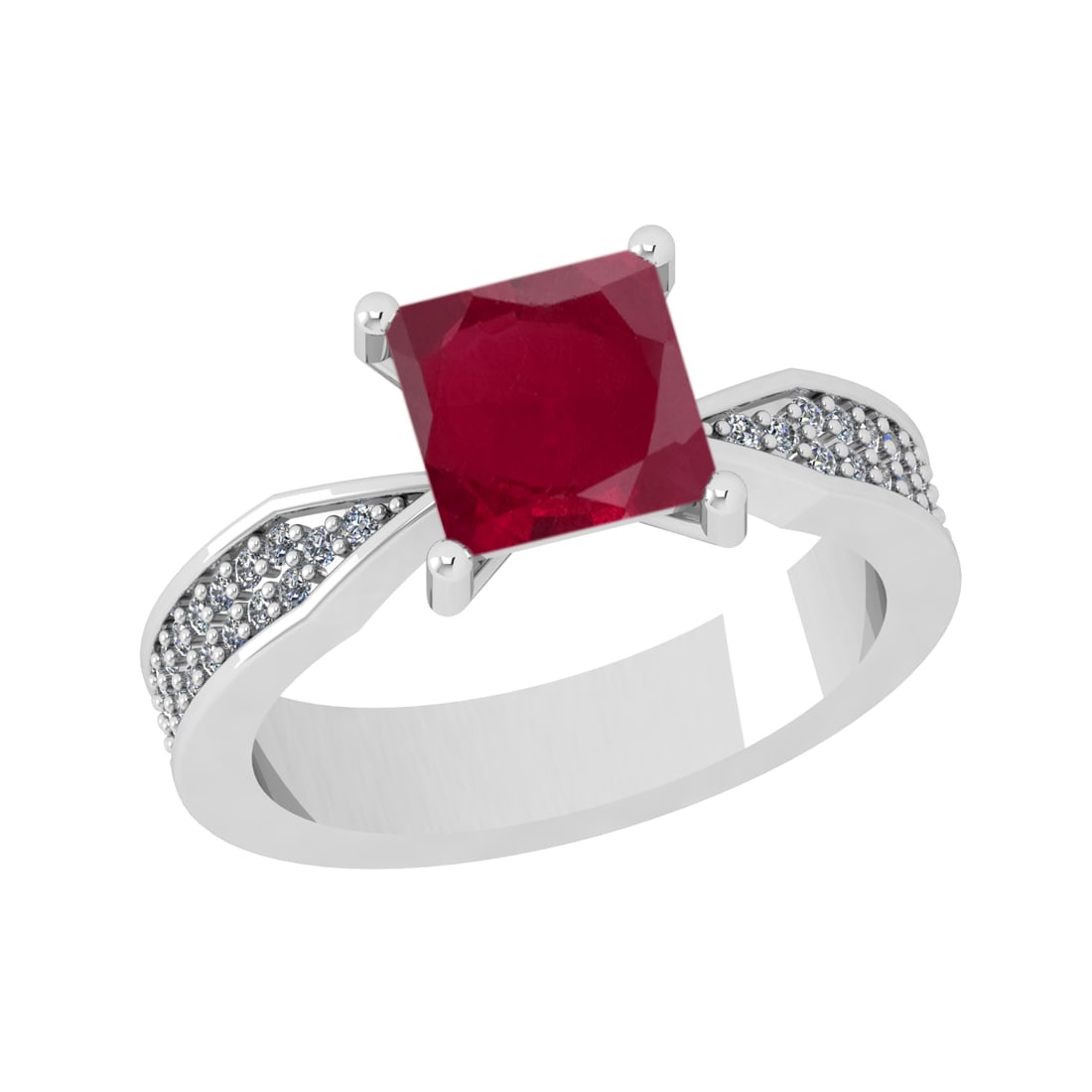 1.58 Ctw VS/SI1 Rubyand Diamond Prong Set 14k white Gold Engagement Ring: Center Stone Weight :-1.30 Ctw ( Princess Cut ) Center Stone Color :-Ruby Center Stone Setting : Prong Side Diamond Weight Of Ctw :- 0.28 Ctw Color : J-K Clarity : VS/SI1 Daimond Setting : Prong Metal