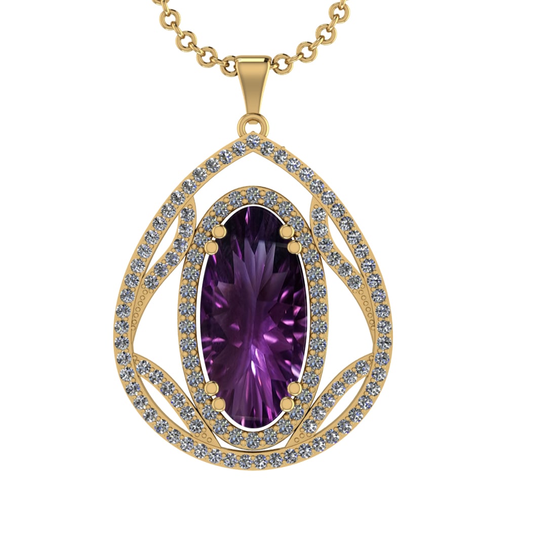 16.93 Ctw VS/SI1 Amethyst and Diamond Prong Set 14k Yellow Gold Pendant (AL: Center Stone Weight : 15.20 Ctw ( Oval Cut) Center Stone Color :-Amethyst Setting : Prong Side Weight Of Ctw 1.73 Ctw Color : J-K Clarity : VS/SI1 Stone Setting : Prong Metal Weight : Approx 11.80 gra