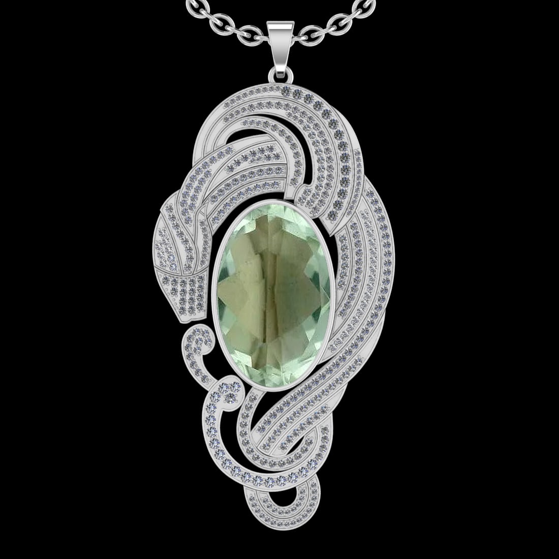 60.60 Ctw VS/SI1 Green Amethyst And Diamond 14k White Gold Pendant Neklace(: Center Stone Weight : 56.30 Ctw ( Oval Cut ) Center Stone Color : Green Amethyst Stone Setting : Prong Side Diamond Weight Of Ctw 4.30 Ctw Side Stone Color : J-K Stone Clarity : VS/SI1 Stone Setting :
