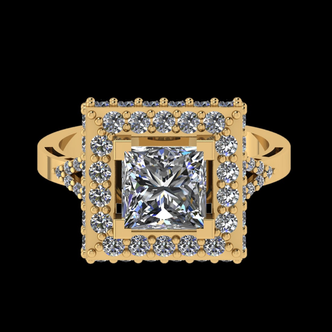 2.23 Ctw VS/SI1 Diamond Prong Set 18K Yellow Gold Engagement Ring: Center Diamond Weight :-1.10 Ctw ( Princess Cut) Color :- G-H Clarity : VS/SI1 Center Stone Setting : Prong Side Diamond Weight Of Ctw 1.13 Ctw Color : G-H Clarity : VS/SI1 Stone Setting : Prong