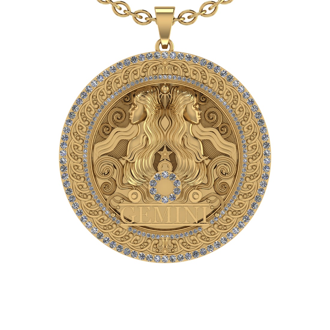2.43 Ctw VS/SI1 Diamond 14K Yellow Gold Zodiac sign theme Necklace (ALL DIA: Total Diamond Weight : 2.43 Ctw (Round cut) Center Diamond Color :- J-K Center Clarity : VS/SI1 Stone Setting : Prong Metal Weight : Approx 58.40 Gram 14K Yellow Gold Zodiac sign theme Necklace (ALL D