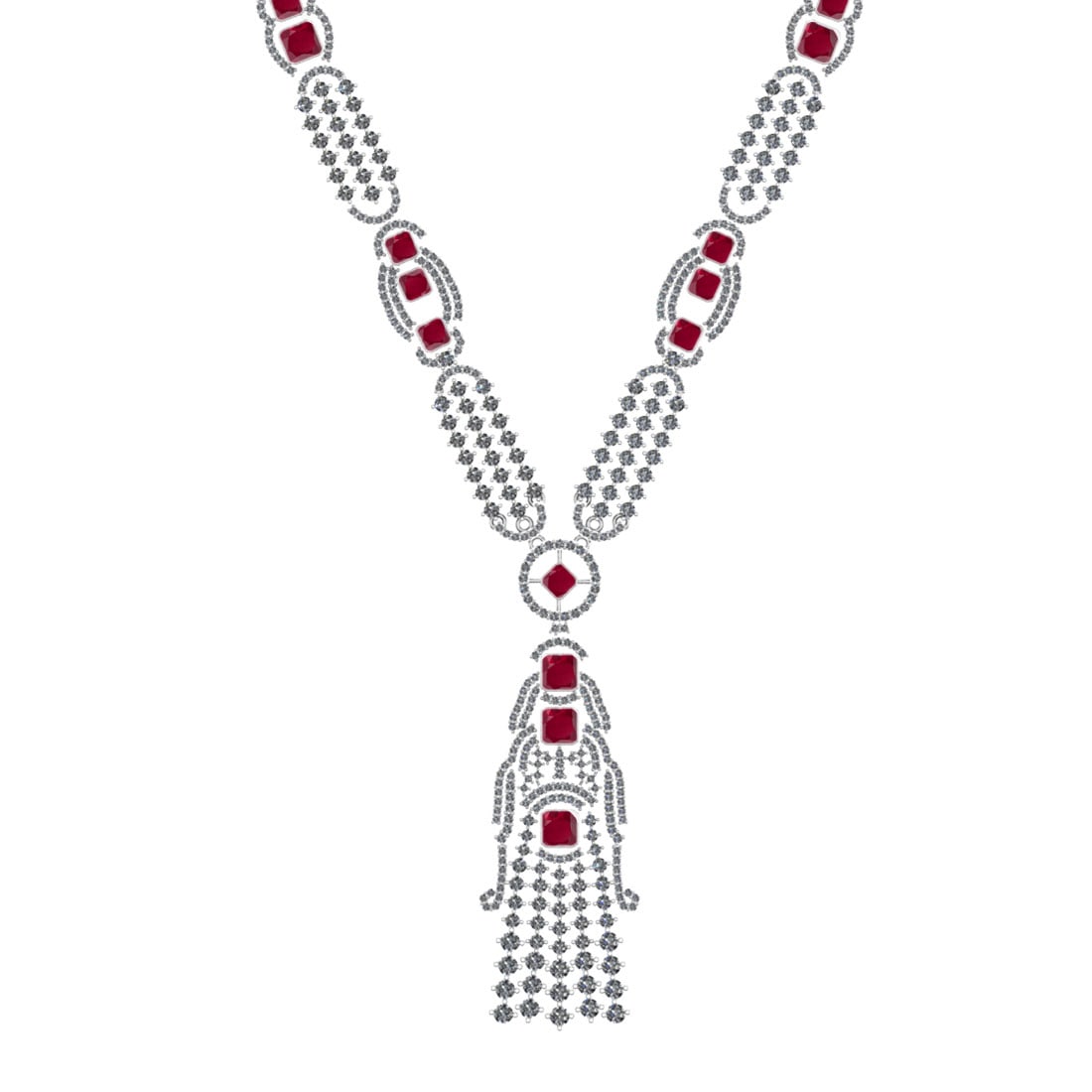 10.25 Ctw VS/SI1 Ruby and Diamond 14k White Gold Necklace ALL DIAMOND ARE L: Center Stone Weight :- 3.57 Ctw ( Square Cut) Color :- Ruby Center Stone Setting : Prong Side Diamond Weight Of Ctw 6.68 Ctw Color : G-H Clarity : VS/SI1 Stone Setting : Prong Metal Weight : Approx 19