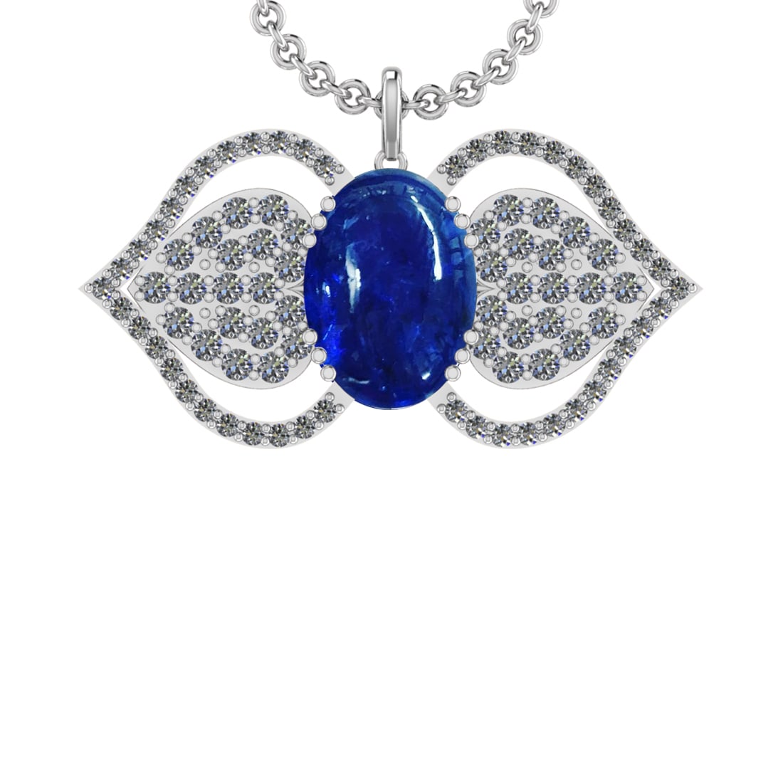 30.00 Ctw VS/SI1 Tanzanite and Diamond 14K White Gold Pendant: Center Stone Weight : 23.98 Ctw ( Oval Cab) Center Stone Color :-Tanzanite Setting : Prong Side Weight Of Ctw 6.02 Ctw Color : J-K Clarity :VS/SI1 Stone Setting : Prong Metal Weight : Approx 15.90 gra