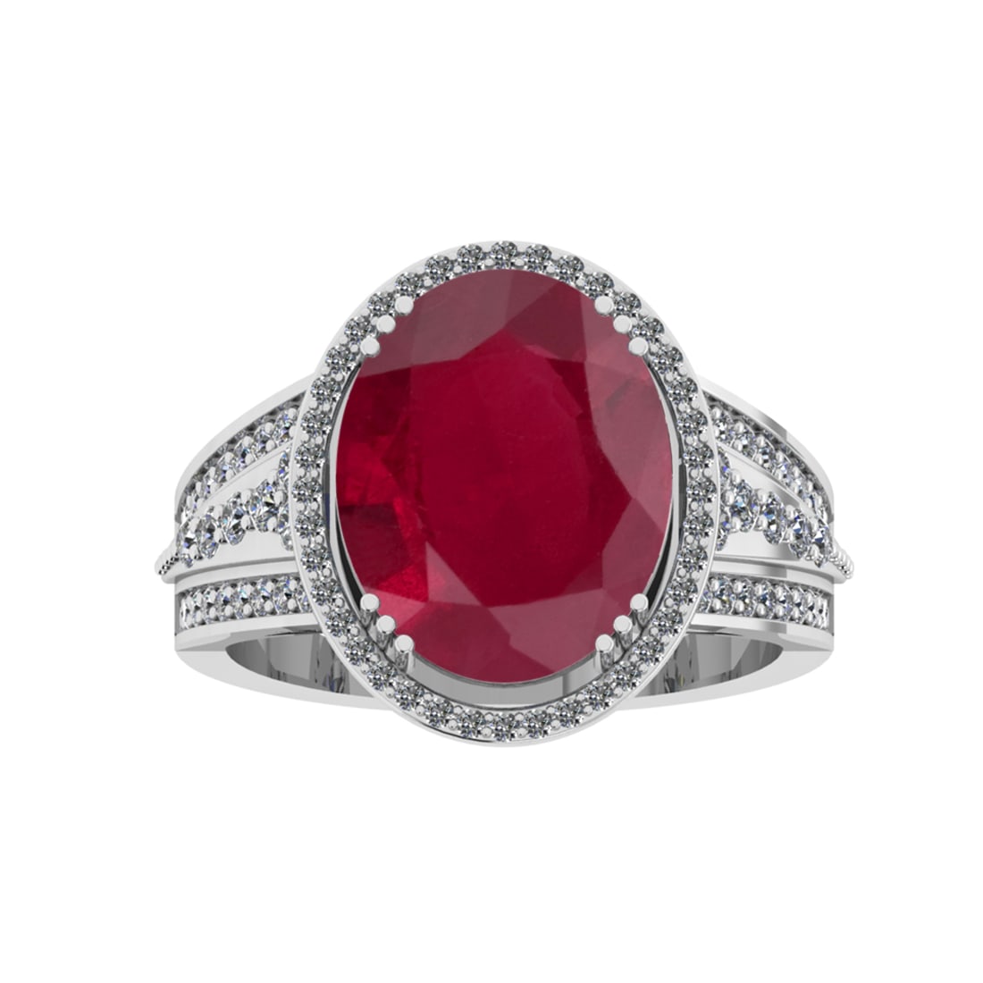 5.60 Ctw VS/SI1 Ruby And Diamond 14k White Gold Engagement Ring (ALL DIAMON: Center Stone Weight : 5.00 Ctw ( Oval Cut ) Center Stone Color : Ruby Stone Setting : Prong Side Diamond Weight Of Ctw 0.60 Ctw Side Stone Color : G-H Stone Clarity : VS/SI1 Stone Setting : Prong Meta