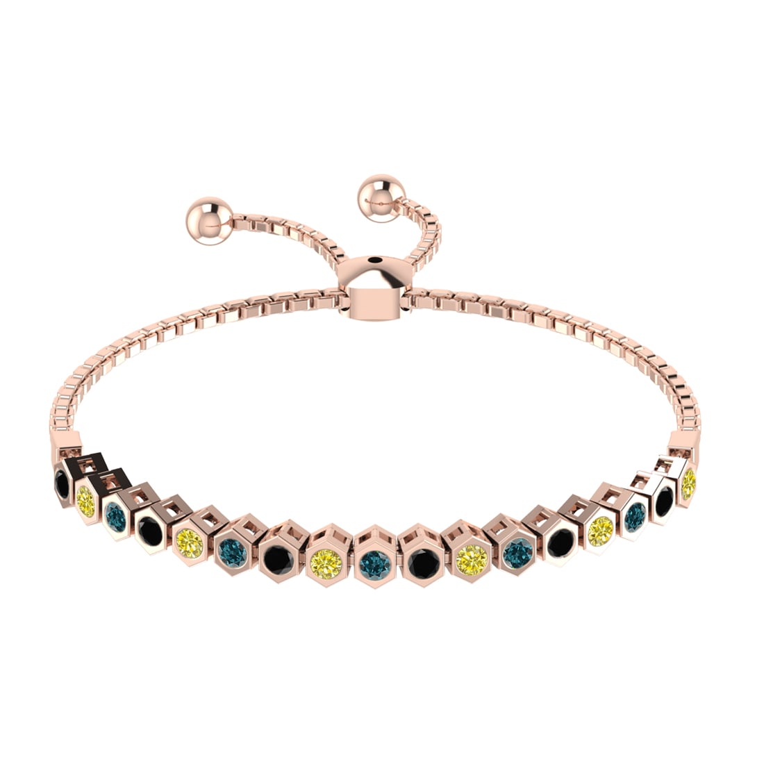 1.40 Ctw I2/I3 Treated Fancy black,Blue,Yellow diamond Prong Set 14k white: Multi Daimond Weight :-1.40 Ctw Color : Treated Fancy black,Blue,Yellow diamond Clarity : I2/I3 Setting : Prong Metal Weight : Approx 6.70 gram 14k White Gold Tennis Slide Bracelet B410-2.7(2)SB #3SS9