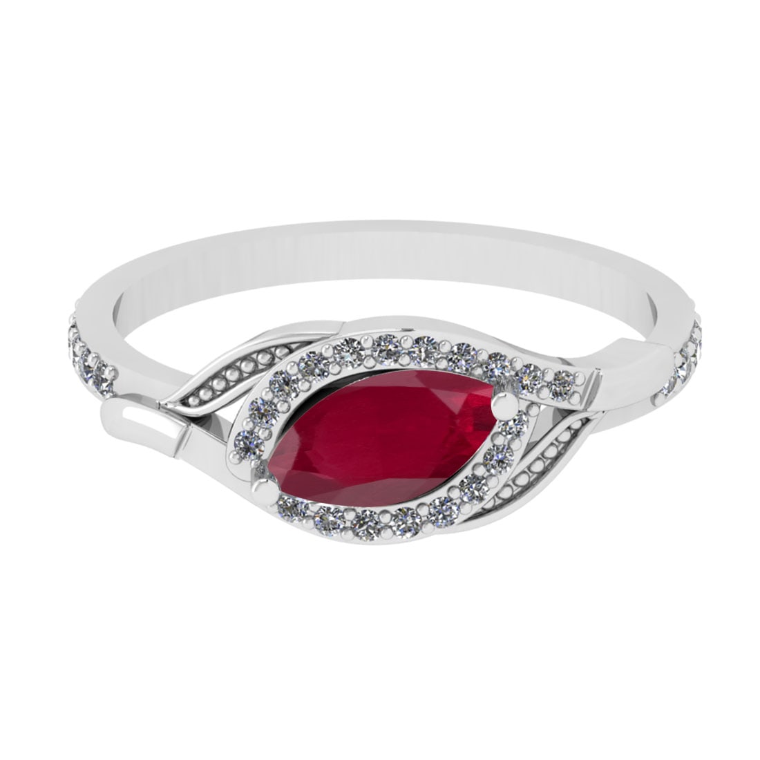 0.57 Ctw VS/SI1 Ruby And Diamond 14K White Gold Engagement Ring: Center Stone Weight : 0.50 Ctw (Marquise Cut) Center Stone Color : Ruby Stone Setting : Prong Side Stone Weight Of Ctw 0.17 Ctw Side Stone Color : J-K Stone Clarity : VS/SI1 Stone Setting : Prong Meta