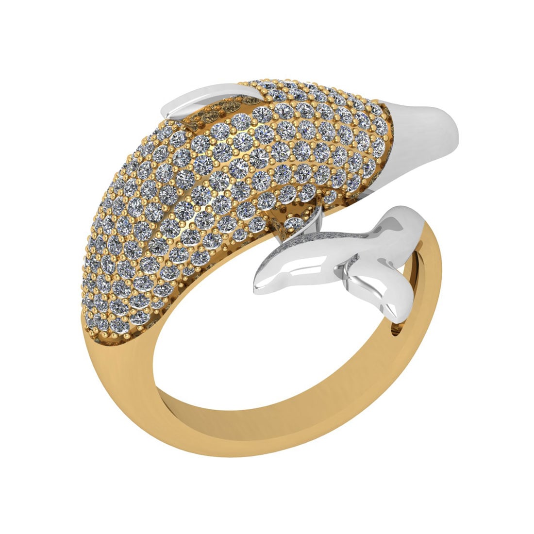 1.76 Ctw SI2/SI1 Diamond Style Prong Set 18K Yellow & White Gold two tone D: Total Diamond Weight : 1.76 Ctw Center Stone Color :- G-H Center Stone Clarity : SI2/SI1 Stone Setting : Prong Metal Weight : Approx 6.90 Gram 18K Yellow & White Gold two tone Dolphin Ring Current Rin