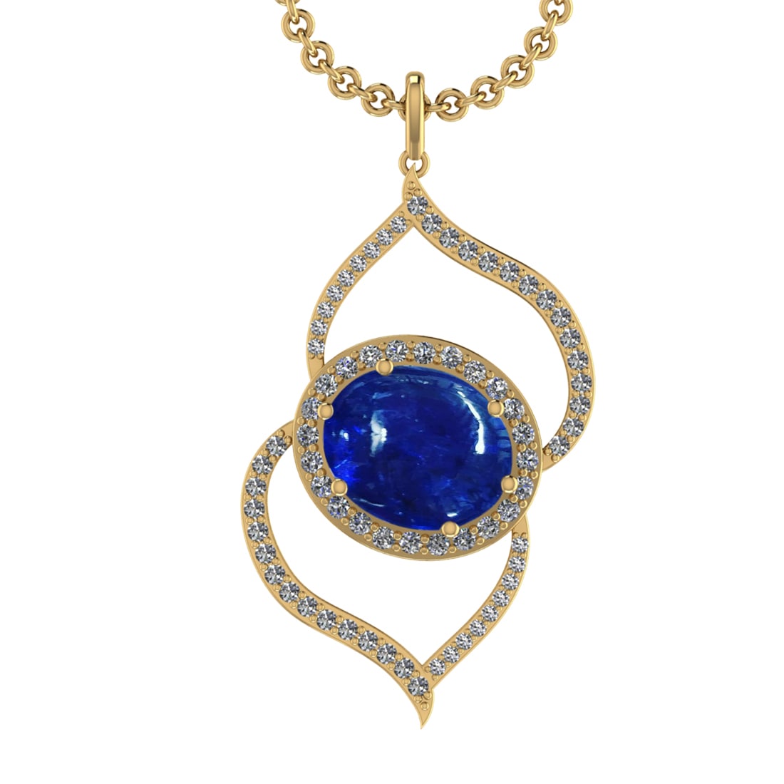 21.73 Ctw VS/SI1 Tanzanite and Diamond 14K Yellow Gold Pendant: Center Stone Weight : 19.06 Ctw ( Oval Cab) Center Stone Color :-Tanzanite Setting : Prong Side Weight Of Ctw 2.67 Ctw Color : J-K Clarity :VS/SI1 Stone Setting : Prong Metal Weight : Approx 11.80 gra