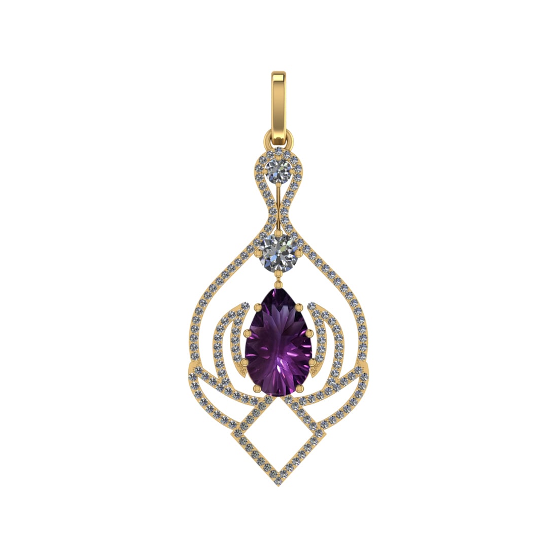 71.81 Ctw SI2/SI1 Amethyst and Diamond Prong Set 14k Yellow Gold Pendant (A: Center Stone Weight :-53.04 Ctw ( Pear Cut) Center Stone Color :-Amethyst Center Stone Setting : Prong Side Diamond Weight Of Ctw 18.77 Ctw Color : F-G Clarity : SI2/SI1 Stone Setting : Prong Metal