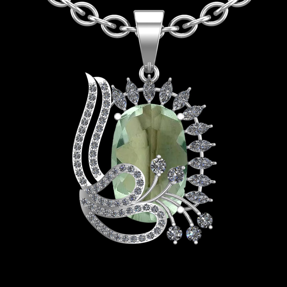 20.43 Ctw VS/SI1 Green Amethyst And Diamond 14K White Gold Necklace( ALL DI: Center Stone Weight : 18.52 Ctw ( Cushion Cut ) Center Stone Color : Green Amethyst Stone Setting : Prong Side Diamond Weight Of Ctw 1.91 Ctw Side Stone Color : J-K Stone Clarity : VS/SI1 Stone Settin