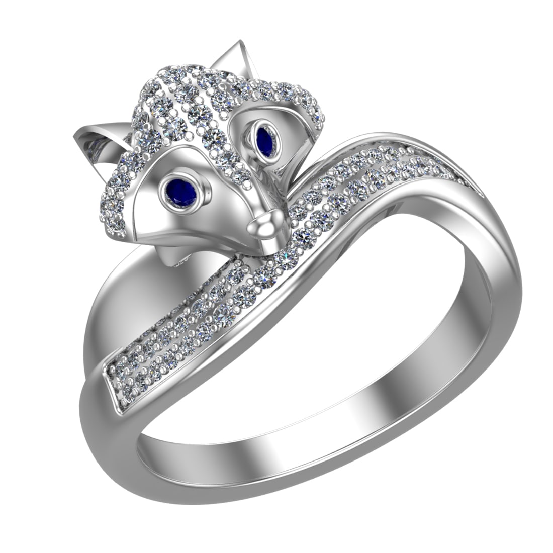 0.52 Ctw VS/SI1 Blue Sapphire and Diamond 14k white Gold Animal theme Fox R: Center Stone Weight :-0.03 Ctw ( Round Cut) Center Stone Color :-Blue Sapphire Center Stone Setting : Prong Side Diamond Weight Of Ctw :- 0.49 Ctw Color : J-K Clarity : VS/SI1 Daimond Setting : Prong 