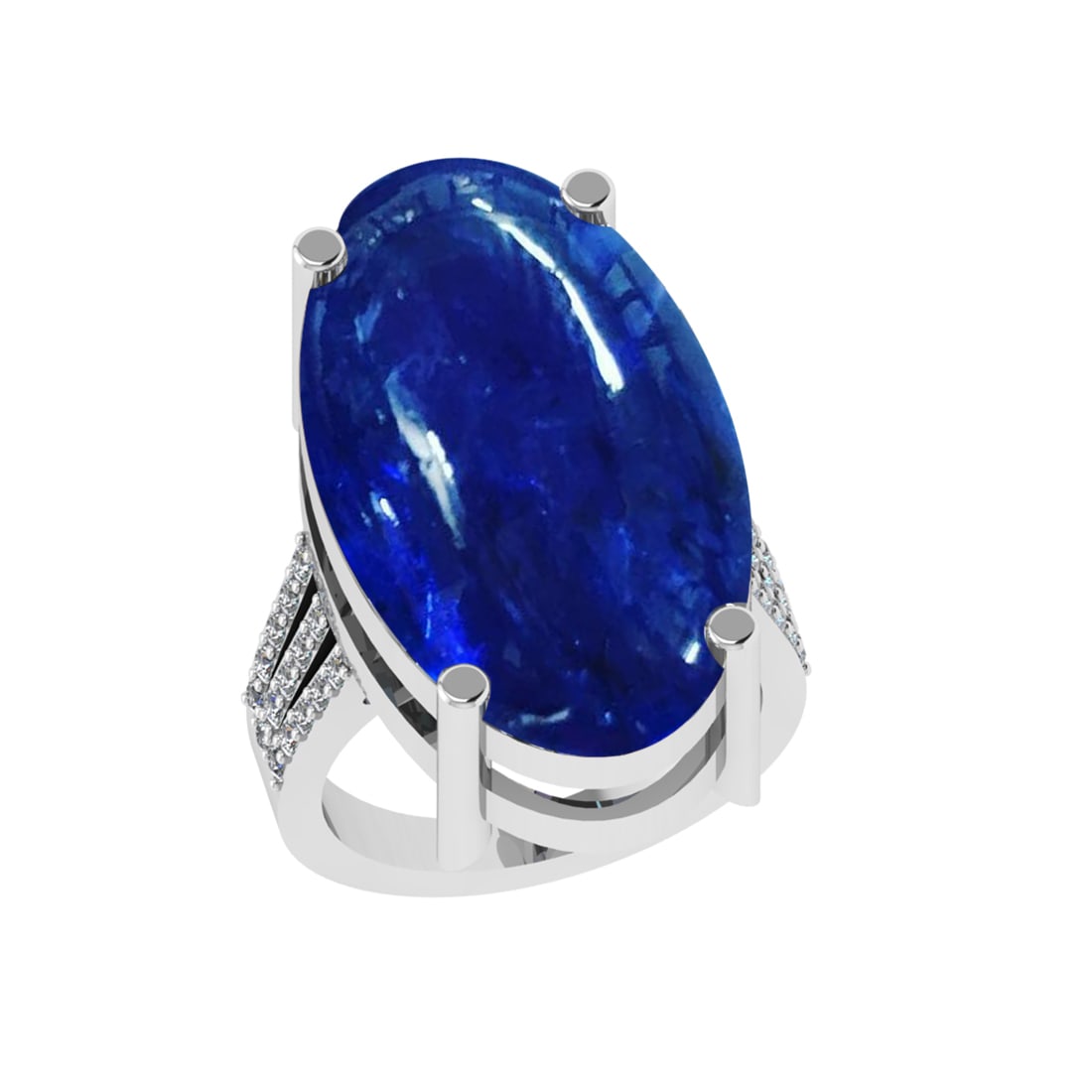 22.14 Ctw VS/SI1 Tanzanite and Diamond Prong Set 14K White Gold Engagement: Color Stone Weight : 21.72 Ctw (Oval Cab) Stone Color :- Tanzanite Center Stone Setting : Prong Side Weight Of Ctw 0.42 Ctw Color : J-K Clarity : VS/SI1 Stone Setting : Prong Metal Weight : Approx 10.
