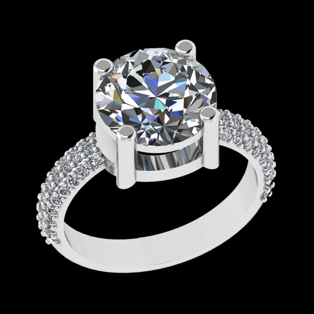 4.30 Ctw VS/SI1 Diamond Prong Set 18k white Gold Engagement Ring (ALL DIAMO: Center Daimond Weight :-3.87 Ctw (Round Cut) Color : G-H Clarity : VS/SI1 Side Diamond Weight Of Ctw 0.43 Ctw Color : G-H Clarity : VS/SI1 Daimond Setting : Prong Metal Weight : Approx 5.45 gram 18k W