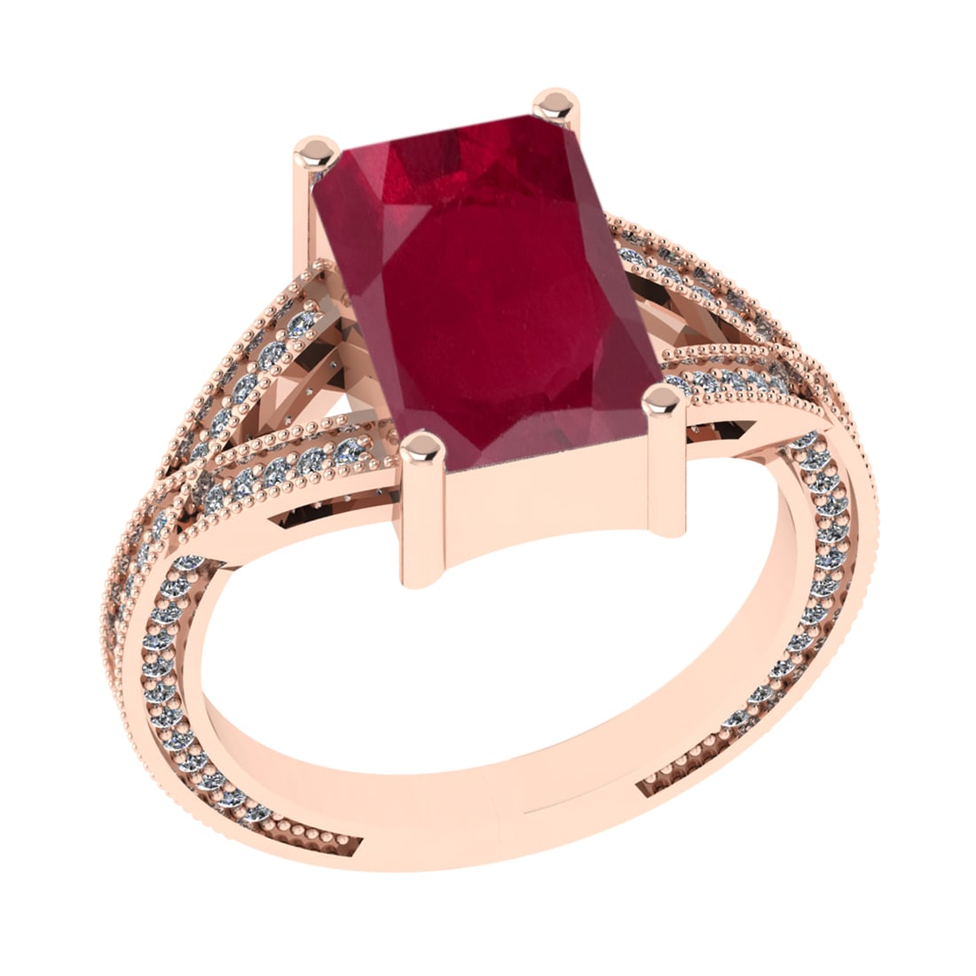 2.95 Ctw VS/SI1 Ruby and Diamond 14k Rose Gold Engagement Ring (LAB GROWN): Center Stone Weight :- 2.50 Ctw ( Emerald Cut) Color :- Ruby Center Stone Setting : Prong Side Diamond Weight Of Ctw 0.45 Ctw Color : G-H Clarity : VS/SI1 Stone Setting : Prong Metal Weight : Approx 5