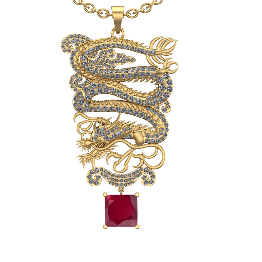 6.40 Ctw VS/SI1 Ruby and Diamond Prong Set 14K Yellow Gold Pendant (ALL DIA: Center Stone Weight : 2.50 Ctw (Princess Cut) Center Stone Color : Ruby Setting : Prong Side Weight Of Ctw 3.90 Ctw Color : J-K Clarity : VS/SI1 Stone Setting : Prong Metal Weight : Approx 37.10 gram 