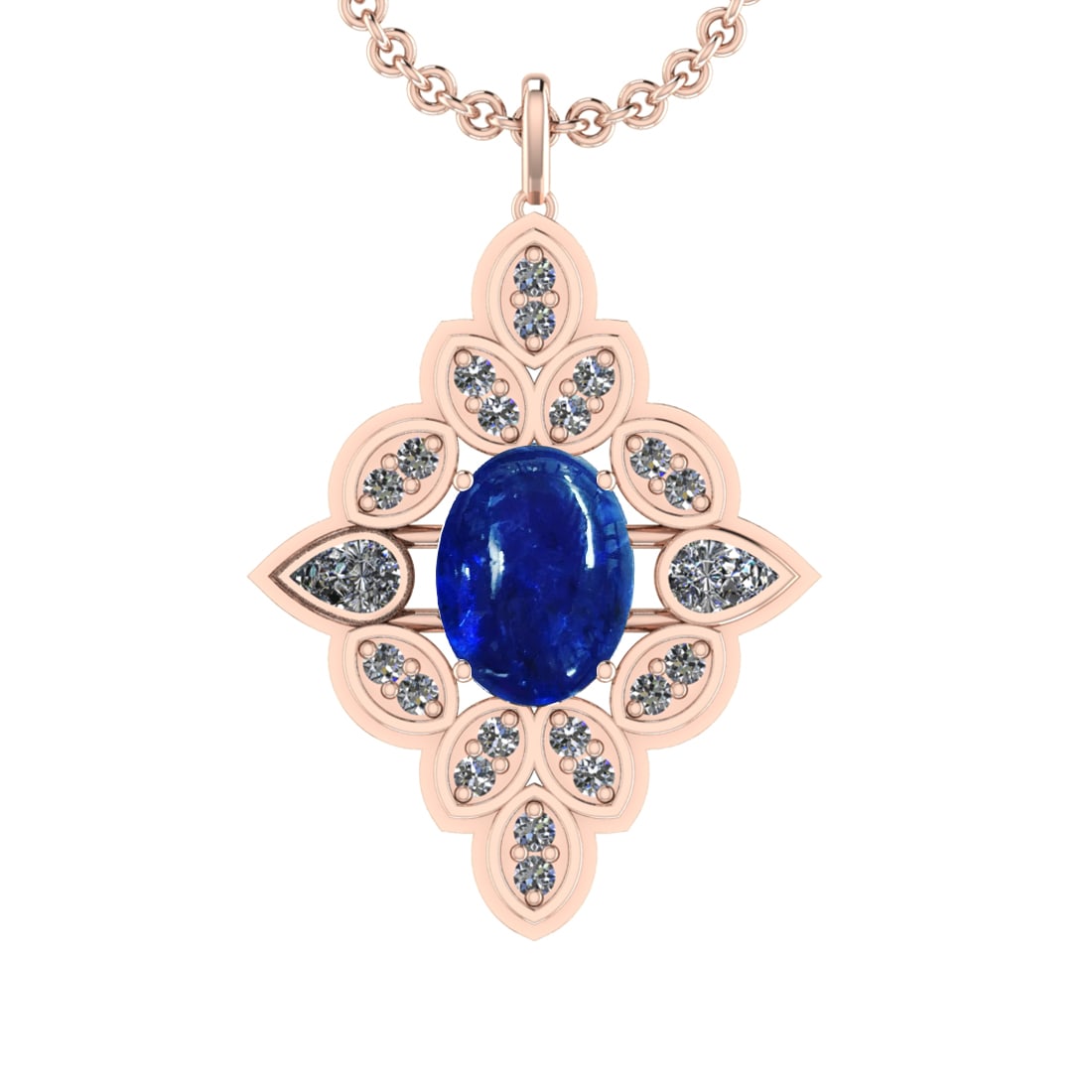 13.55 Ctw VS/SI1 Tanzanite and Diamond 14K Rose Gold Pendant: Center Stone Weight : 12.45 Ctw ( Oval Cab) Center Stone Color :-Tanzanite Setting : Prong Side Weight Of Ctw 3.10 Ctw Color : J-K Clarity :VS/SI1 Stone Setting : Prong Metal Weight : Approx 14.90 gra
