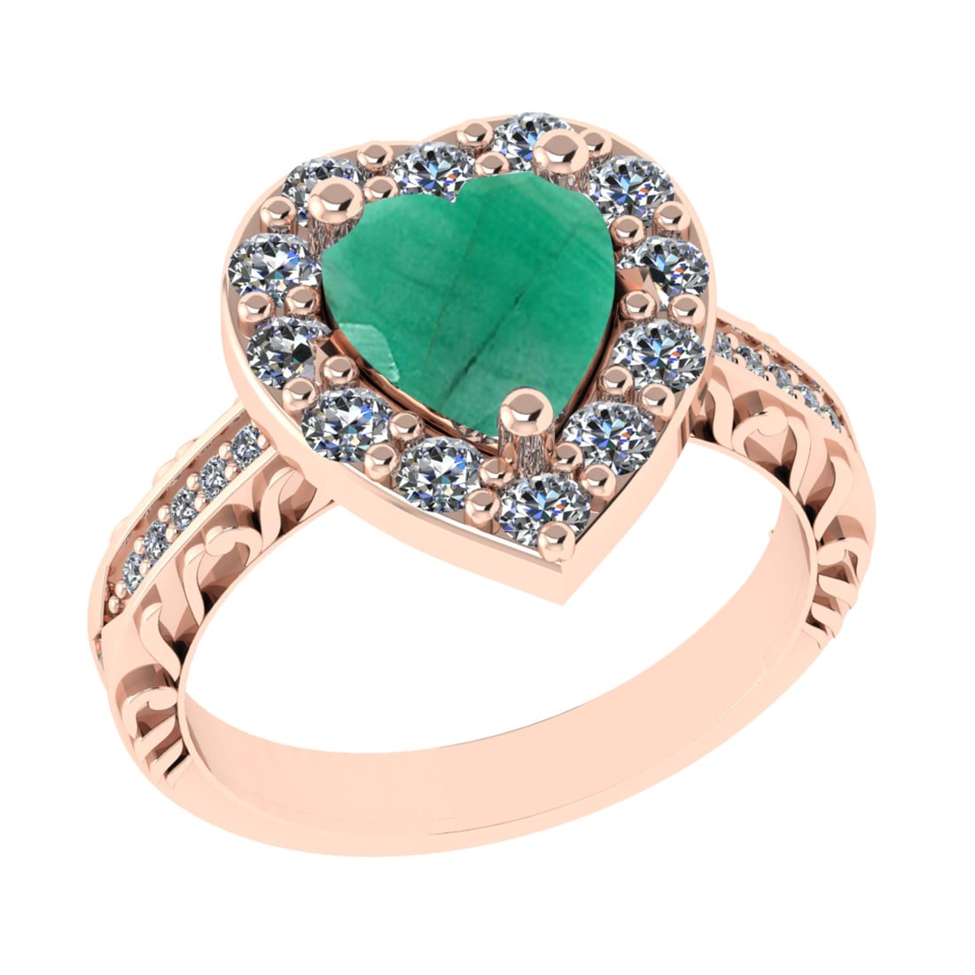 2.52 Ctw VS/SI1 Emerald And Diamond 14k Rose Gold Engagement Ring (ALL DIAM: Center Stone Weight : 1.50 Ctw ( Heart Cut ) Center Stone Color : Emerald Stone Setting : Prong Side Diamond Weight Of Ctw 1.02 Ctw Side Stone Color : G-H Stone Clarity : VS/SI1 Stone Setting : Prong 