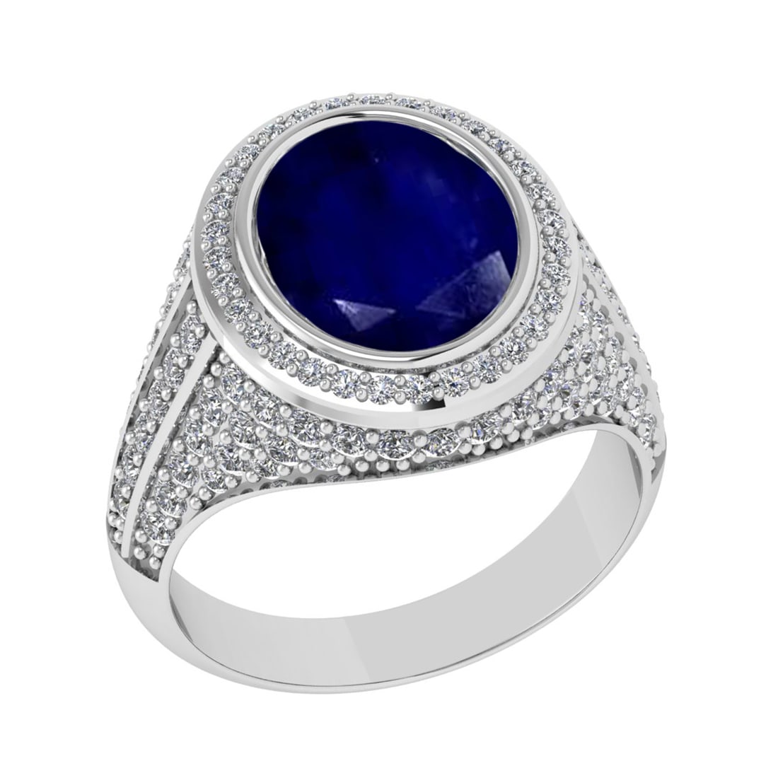 4.70 Ctw VS/SI1 Blue Sapphire and Diamond Prong Set 14K White Gold Engageme: Center Stone Weight : 3.50 Ctw (Oval Cut) Center Stone Color : Blue Sapphire Setting : Prong Side Weight Of Ctw 1.20 Ctw Color : J-K Clarity : VS/SI1 Stone Setting : Prong Metal Weight : Approx 7.90