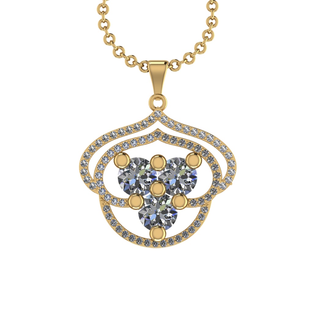 1.11 Ctw VS/SI1 Diamond 14K Yellow Gold Necklace (ALL DIAMOND ARE LAB GROWN: Center Diamond Weight :-0.90 Ctw (3pec Round cut) Color :- J-K Clarity : VS/SI1 Center Stone Setting : Prong Side Diamond Weight Of Ctw 0.21 Ctw Color : J-K Clarity : VS/SI1 Stone Setting : Prong Meta