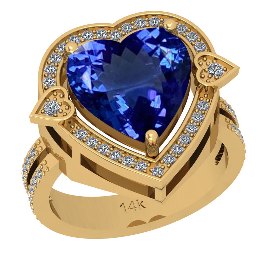 7.39 Ctw VS/SI1 Tanzanite And Diamond 18k Yellow Gold Cocktail Ring: Center Stone Weight : 7.03 Ctw (Heart Cut ) Center Stone Color : Tanzanite Stone Setting : Prong Side Stone Weight Of Ctw 0.36 Ctw Side Stone Color : J-K Stone Clarity : VS/SI1 Stone Setting : Prong