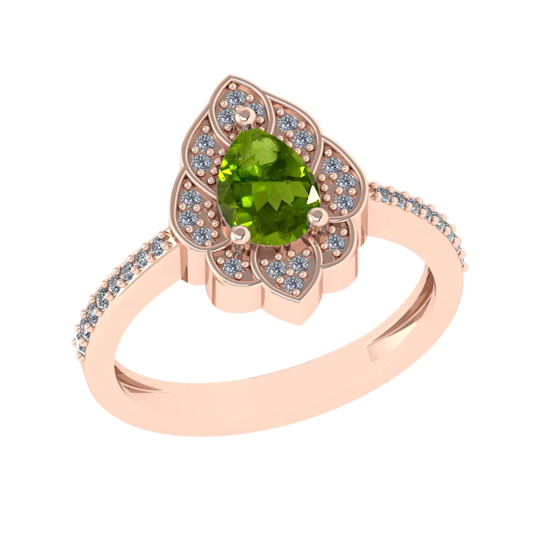 0.94 Ctw VS/SI1 Peridot and Diamond Set 10K Rose Gold Engagaement Ring (ALL: Center Stone Weight :-0.75 Ctw ( Pear Cut) Center Stone Color :-Peridot Center Stone Setting : Prong Side Diamond Weight Of Ctw 0.19 Ctw Color : J-K Clarity : VS/SI1 Daimond Setting : Prong Metal Weig