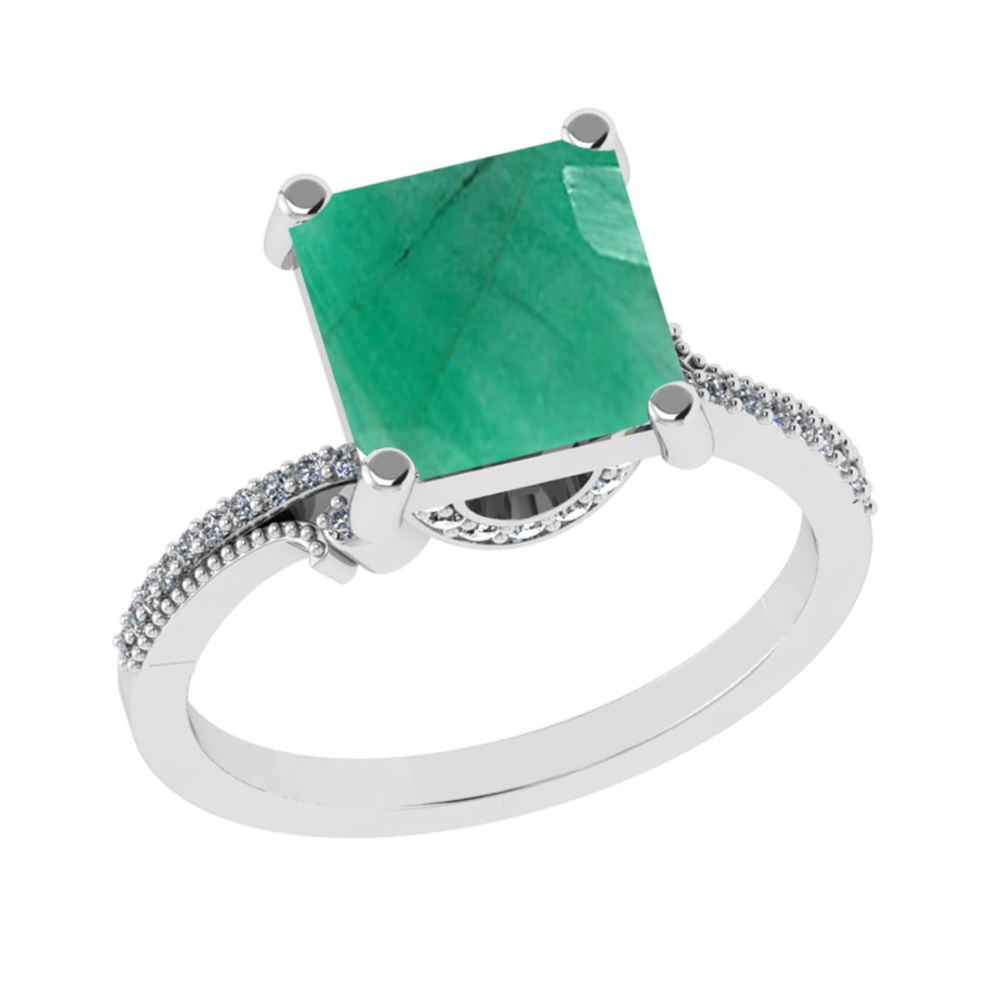 3.23 Ctw VS/SI1 Emerald and Diamond 14k white Gold Engagement Ring (ALL DIA: Center Stone Weight :-3.00 Ctw ( Princess Cut) Center Stone Color :-Emerald Center Stone Setting : Prong Side Diamond Weight Of Ctw :- 0.23 Ctw Color : J-K Clarity : VS/SI1 Daimond Setting : Prong Met