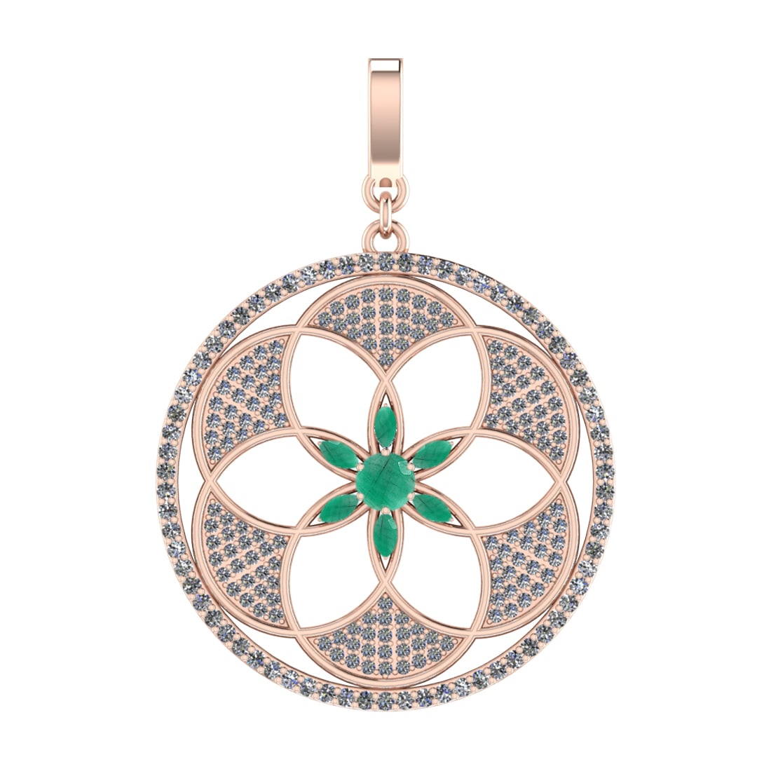 4.22 Ctw VS/SI1 Emeraldand Diamond Prong Set 14k Rose Gold Pendant (ALL DIA: Center Stone Weight :-1.10 Ctw ( Marquise & Round Cut ) Center Stone Color :-Emerald Center Stone Setting : Prong Side Diamond Weight Of Ctw :- 3.12 Ctw Color : J-K Clarity : VS/SI1 Daimond Setting : 