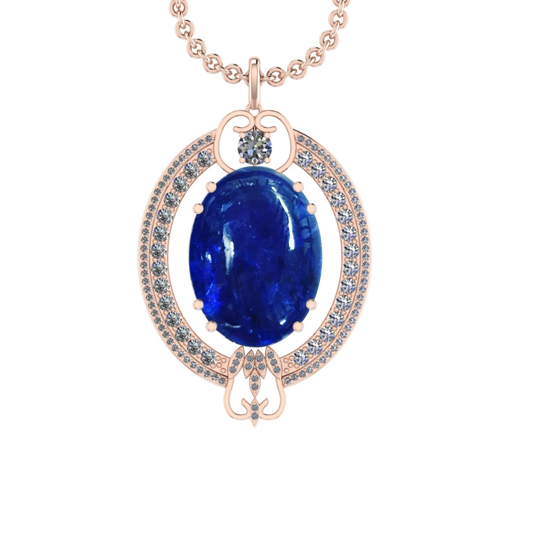 45.78 Ctw VS/SI1 Tanzanite and Diamond 14K Rose Gold Pendant: Center Stone Weight : 42.84 Ctw ( Oval Cab) Center Stone Color :-Tanzanite Setting : Prong Side Weight Of Ctw 2.94 Ctw Color : J-K Clarity :VS/SI1 Stone Setting : Prong Metal Weight : Approx 14.90 gra