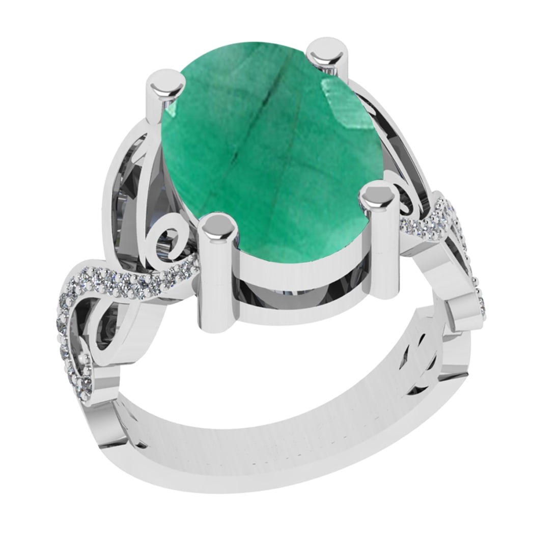 3.68 Ctw VS/SI1 Emerald and Diamond Prong Set 14K White Gold Engagement Rin: Center Stone Weight : 3.50 Ctw (Oval Cut) Center Stone Color : Emerald Setting : Prong Side Weight Of Ctw 0.18 Ctw Color : J-K Clarity : VS/SI1 Stone Setting : Prong Metal Weight : Approx 7.10 gram 14