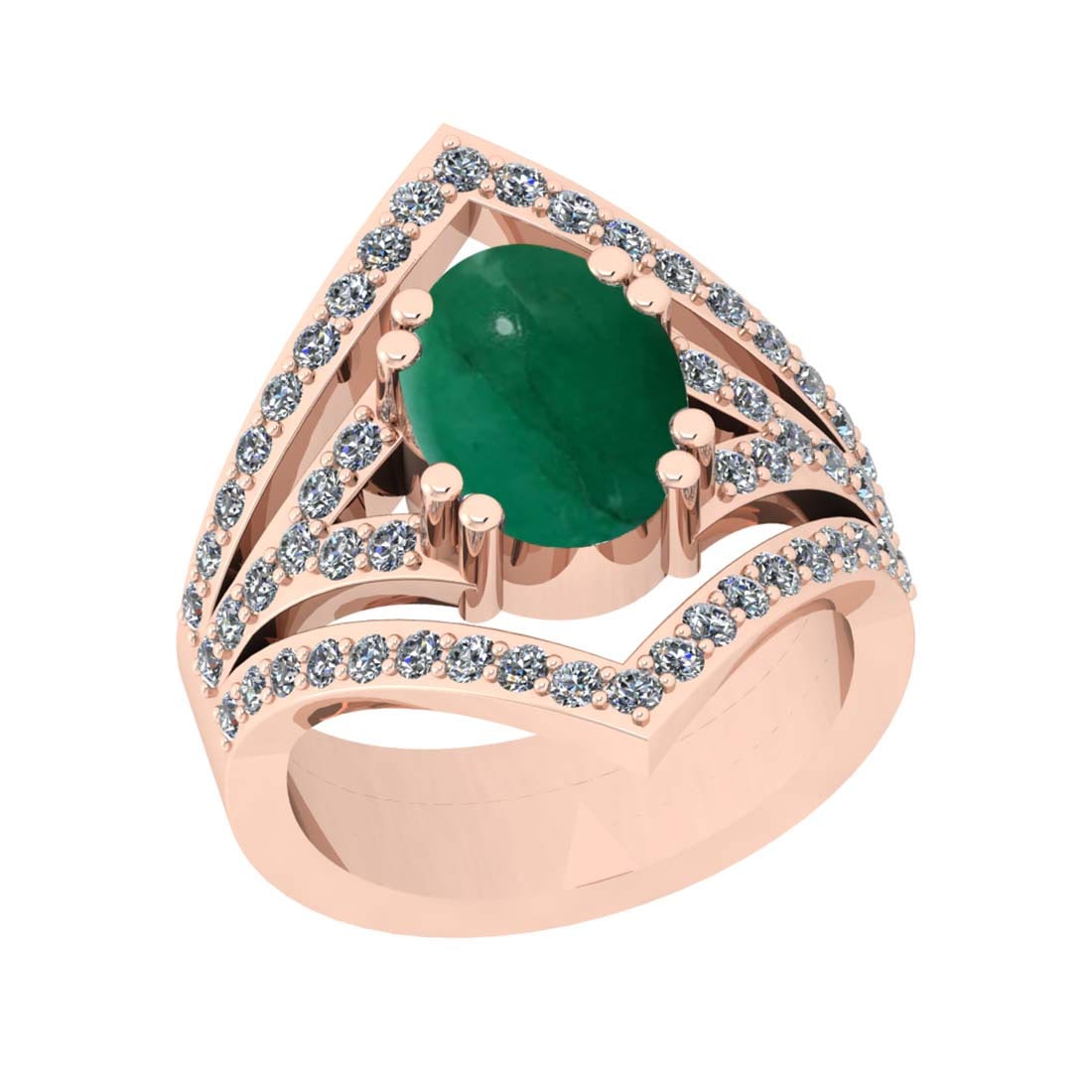 4.04 Ctw VS/SI1 Emerald and Diamond Prong Set 14k Rose Gold Engagement Ring: Center Stone Weight :-3.07 Ctw ( Oval Cab ) Center Stone Color :-Emerald Center Stone Setting : Prong Side Diamond Weight Of Ctw :- 0.97 Ctw Color : J-K Clarity : VS/SI1 Daimond Setting : Prong Metal 
