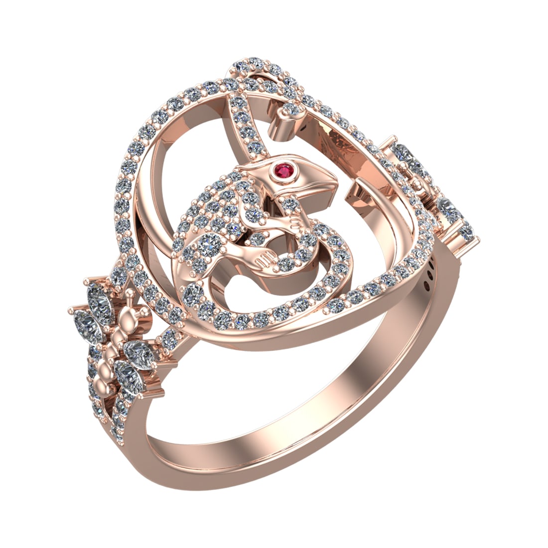 0.81 Ctw VS/SI1 Diamond 14k Rose Gold Creature theme Ring (ALL DIAMOND ARE: Eye Stone Weight:- 0.02 ctw Eye Stone Color :- (Ruby) Total Daimond Weight :-0.79 Ctw Color : G-H Clarity : VS/SI1 Setting : Prong Metal Weight : Approx 7.42 gram 14k Rose Gold Creature theme Ring Cur